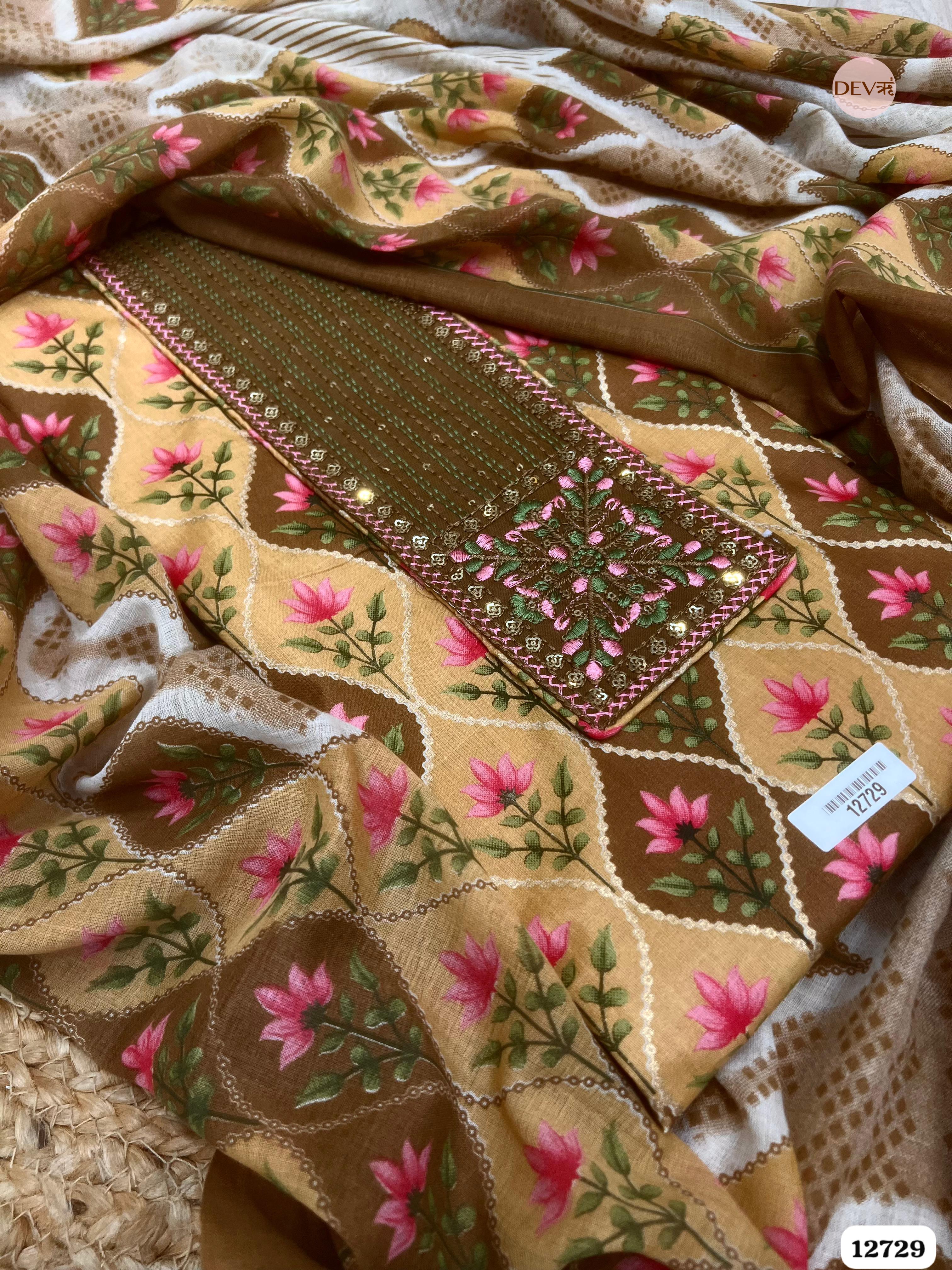 Brown Cotton Embroidered Unstitched 3-Piece Suit (Devri – D.No 12729)