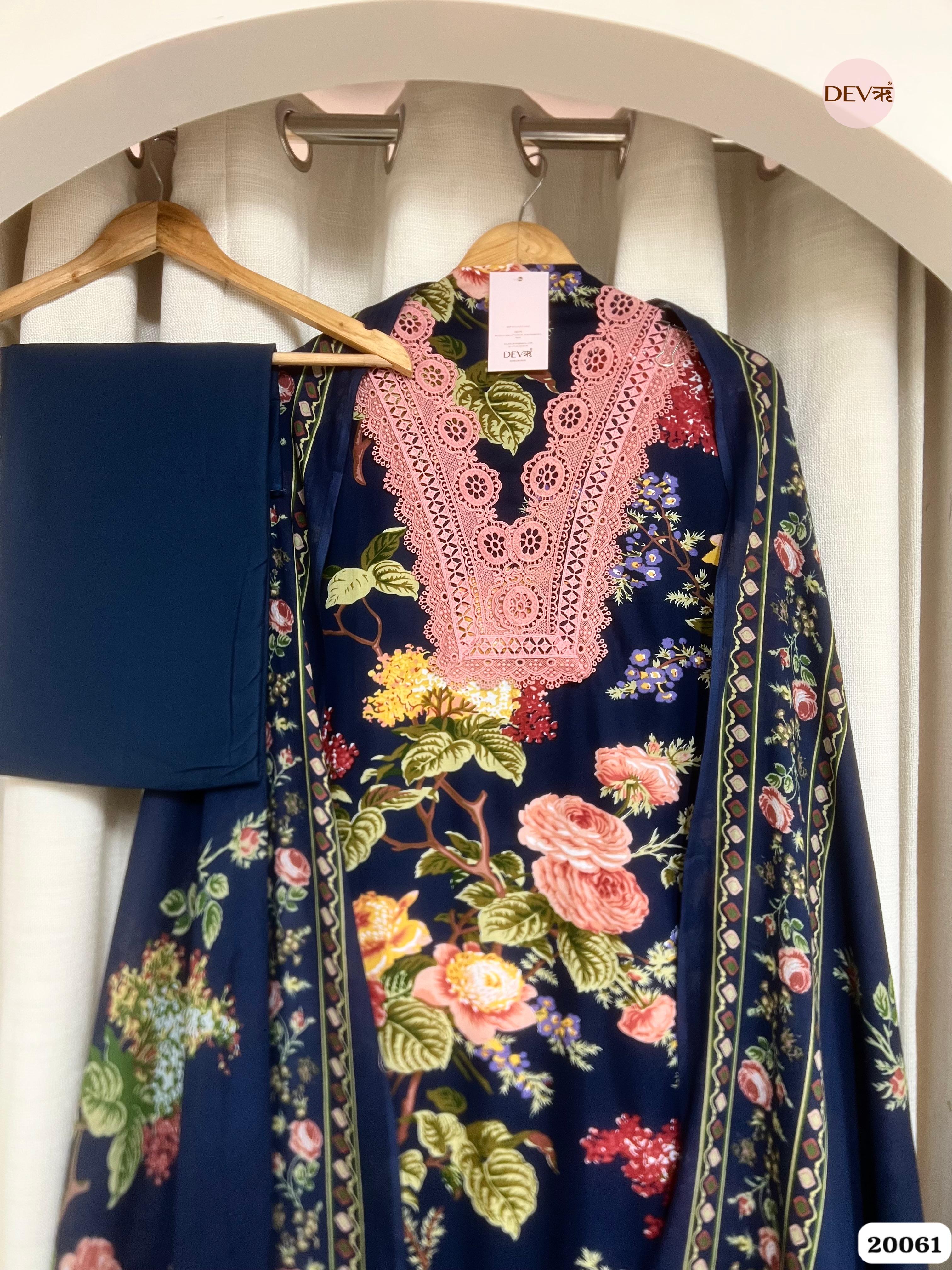 Navy Blue Cotton Printed Unstitched 3-Piece Suit (Devri – D.No. 20061)