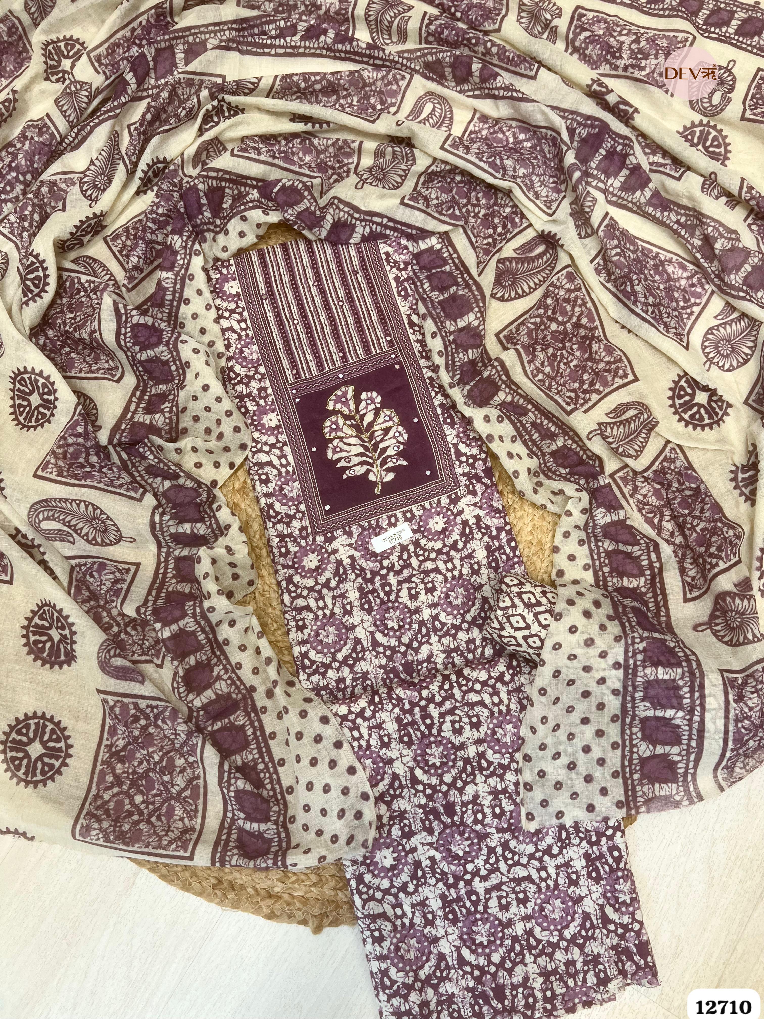 Purple Cotton Printed Unstitched 3-Piece Suit (Devri – D.No 12710)