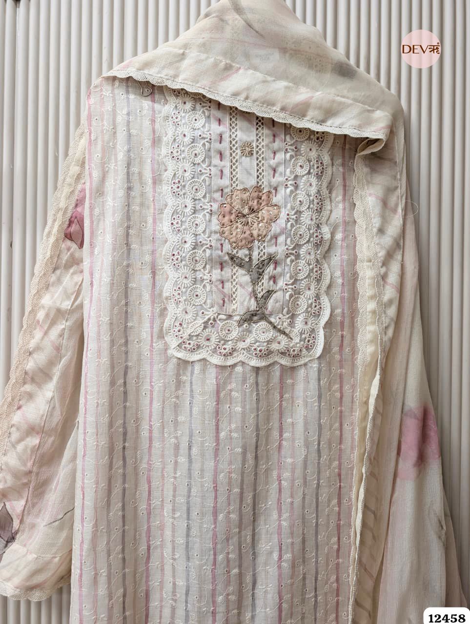 Pink &amp; Beige Pure Linen Embroidered Unstitched 3-Piece Suit (Devri – D.No 12458)