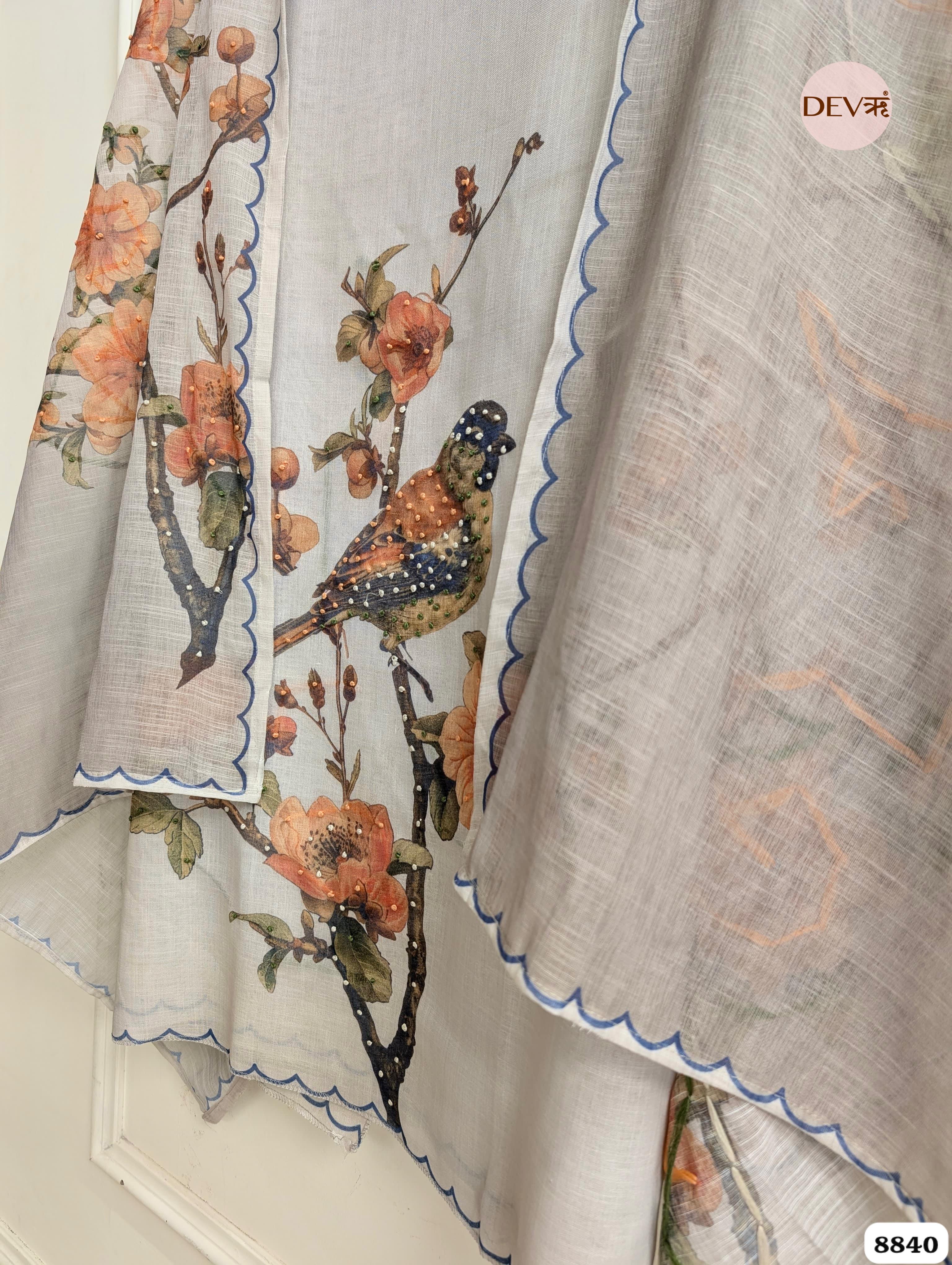 Grey Linen Printed Unstitched 3-Piece Suit (Devri – D.No. 8840)