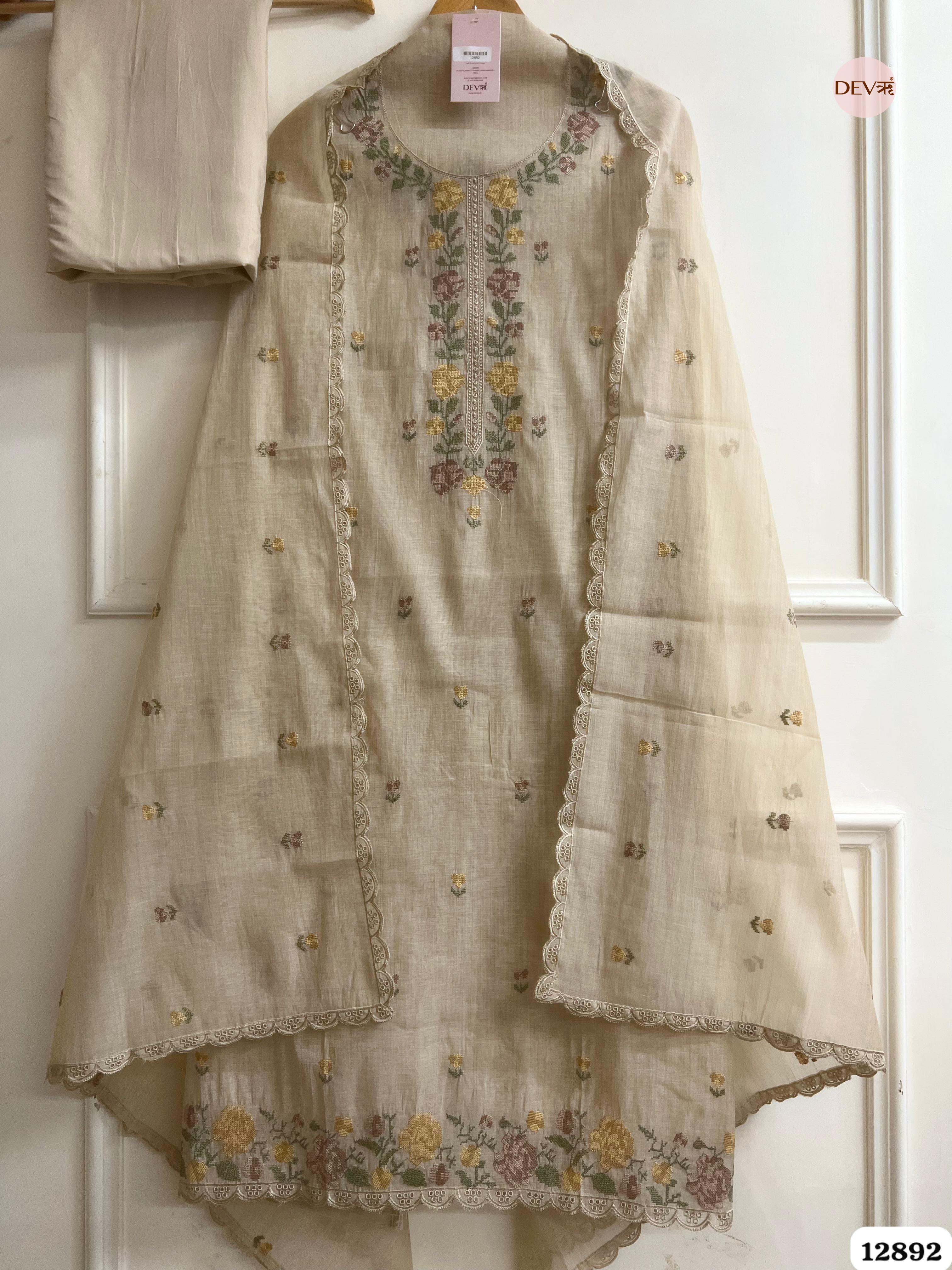 Beige Mul Chanderi Embroidered Unstitched 3-Piece Suit (Devri – D.No 12892)
