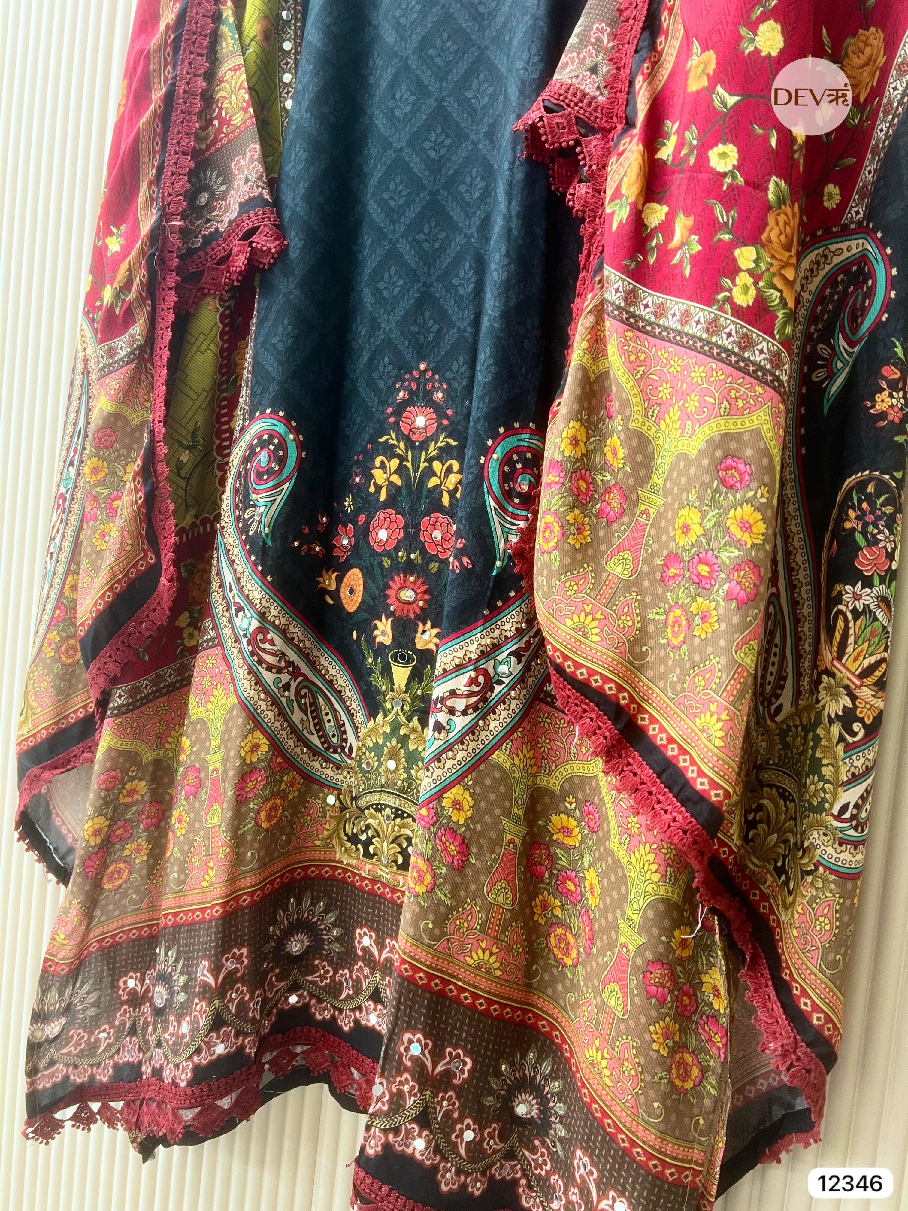 Deep Teal Muslin Printed Unstitched 3-Piece Suit (Devri – D.No 12346)