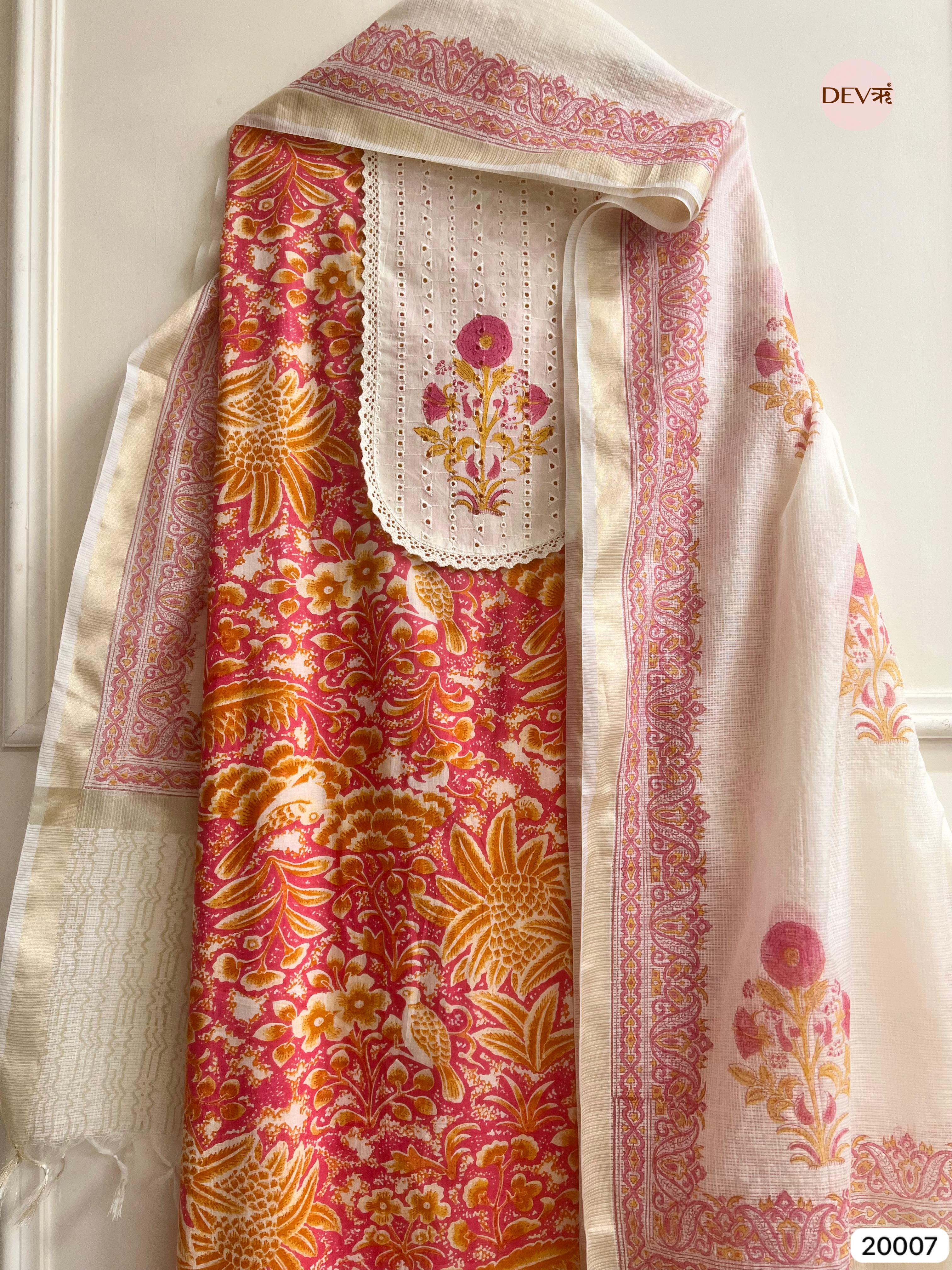 Pink and Mustard Pure Cotton Printed Unstitched 3-Piece Suit (Devri – D.No 20007)