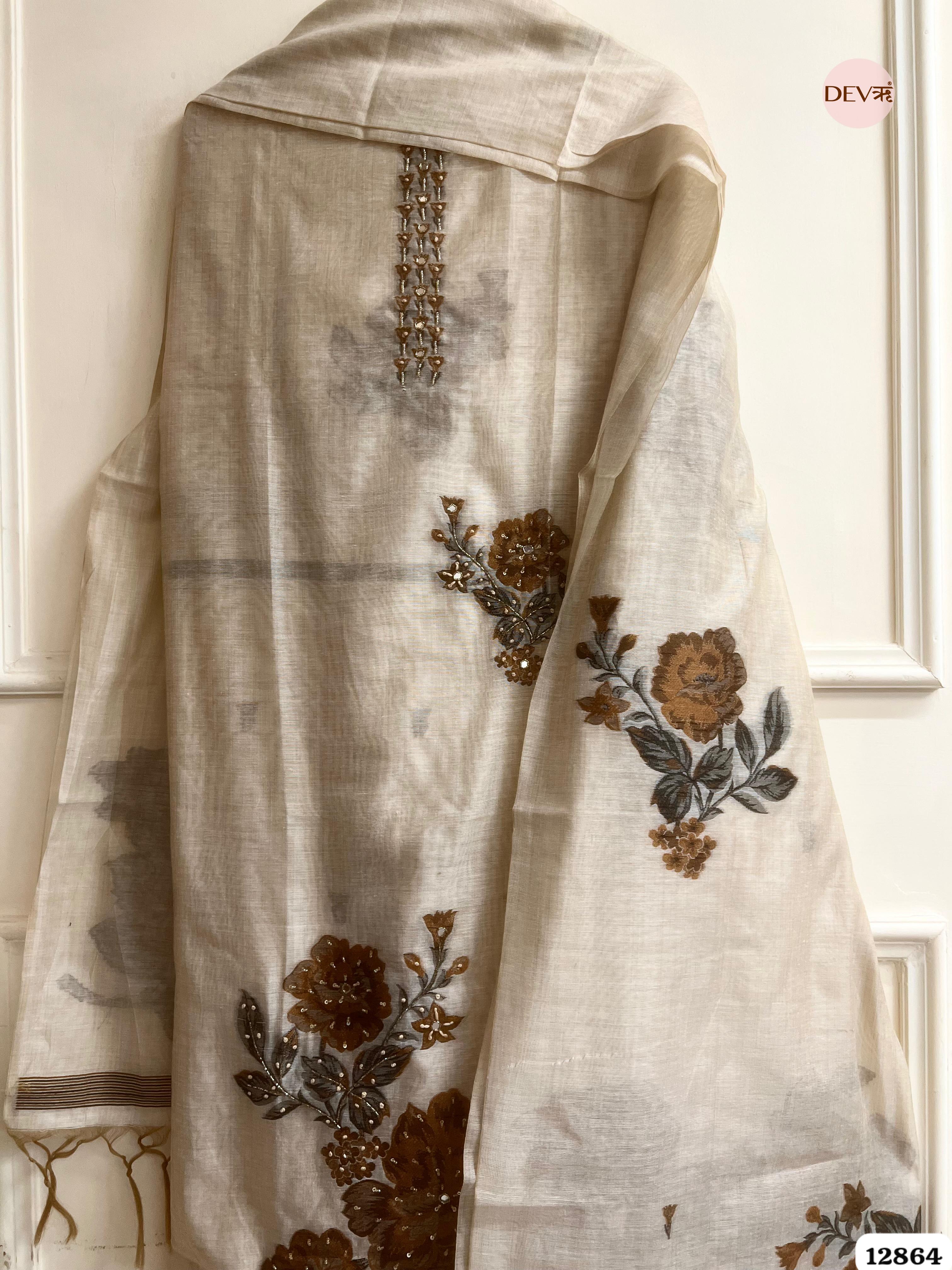 Ivory Mul Chanderi Embroidered Unstitched 3-Piece Suit (Devri – D.No 12864)
