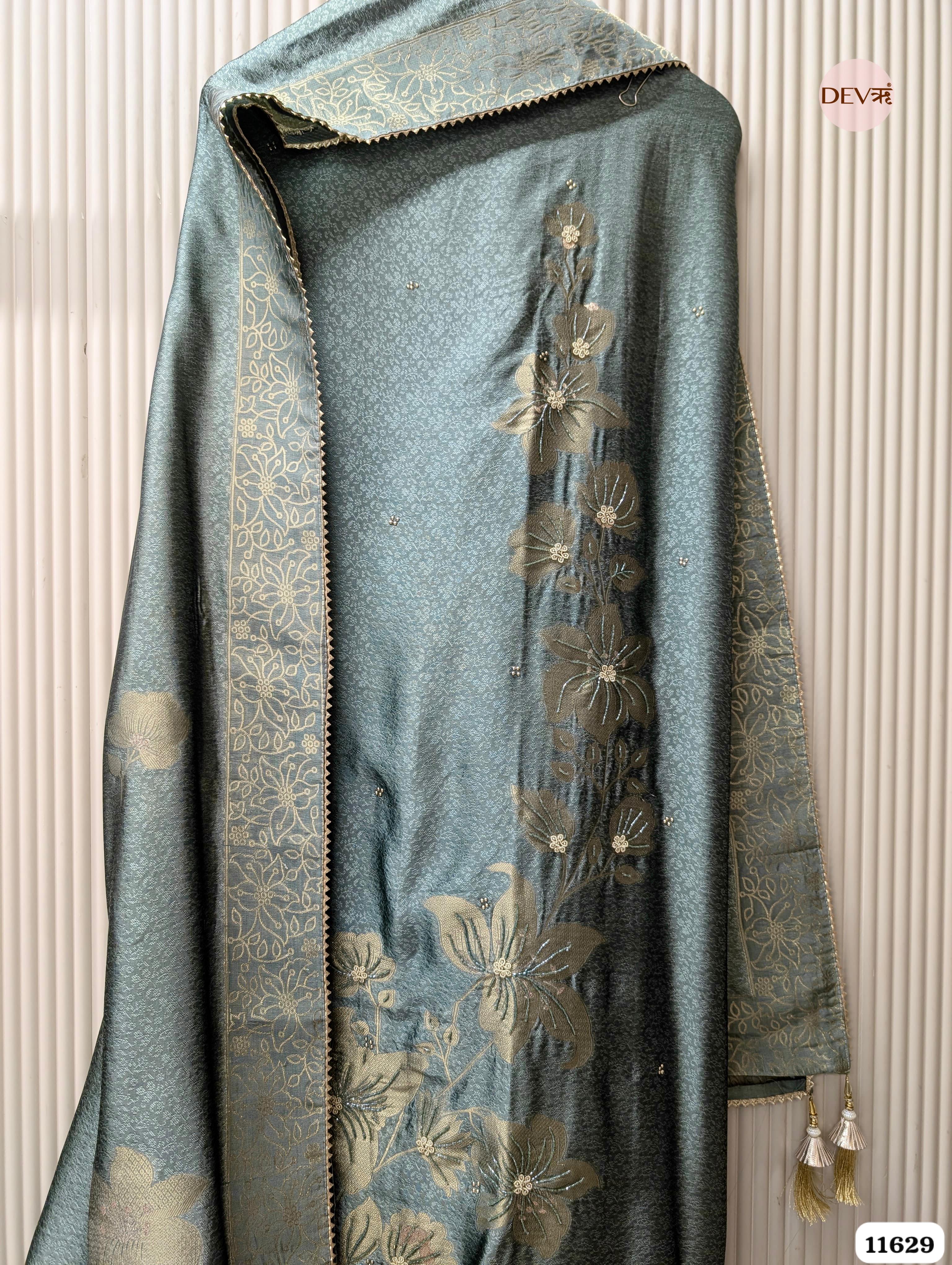 Teal Banarasi Silk Woven Unstitched 3-Piece Suit (Devri – D.No. 11629)