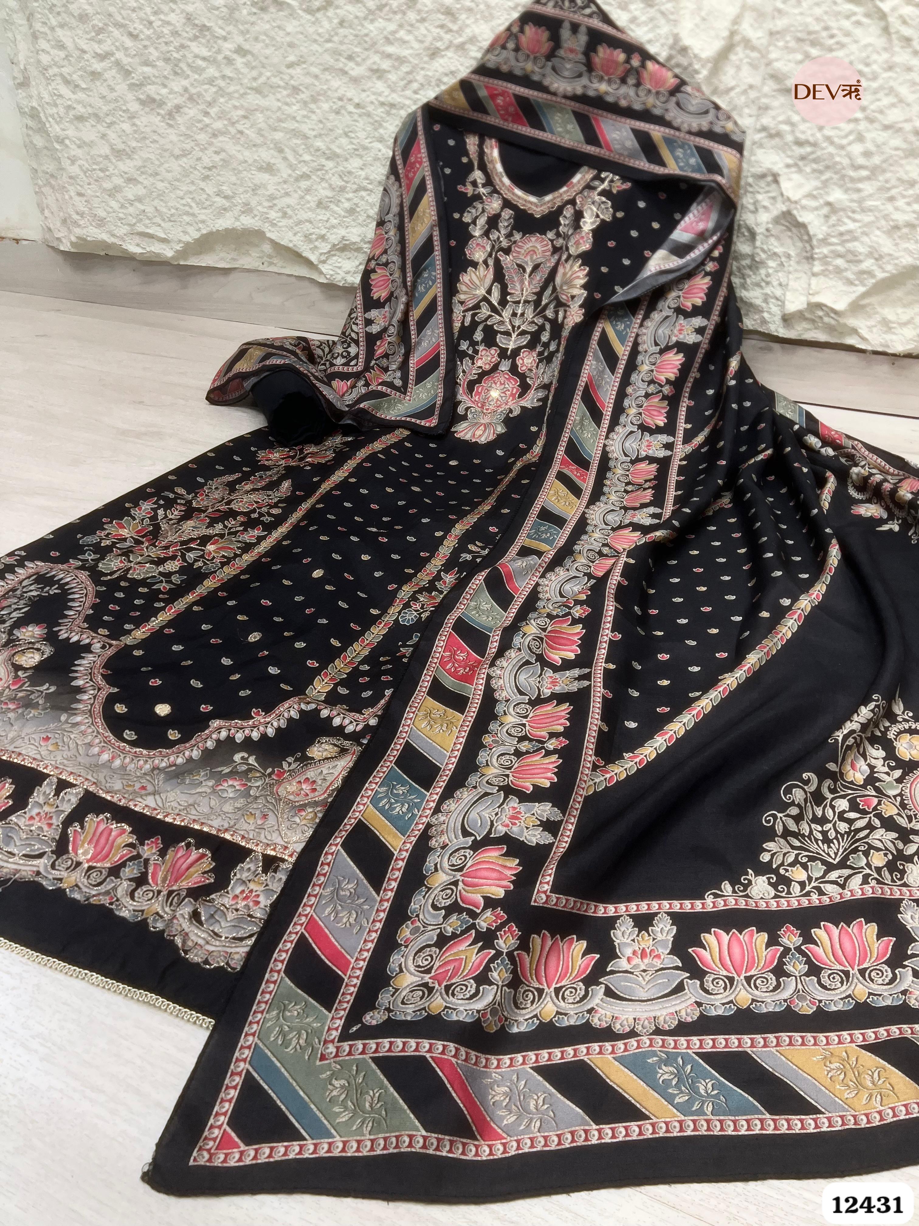 Black Muslin Printed Unstitched 3-Piece Suit (Devri – D.No. 12431)