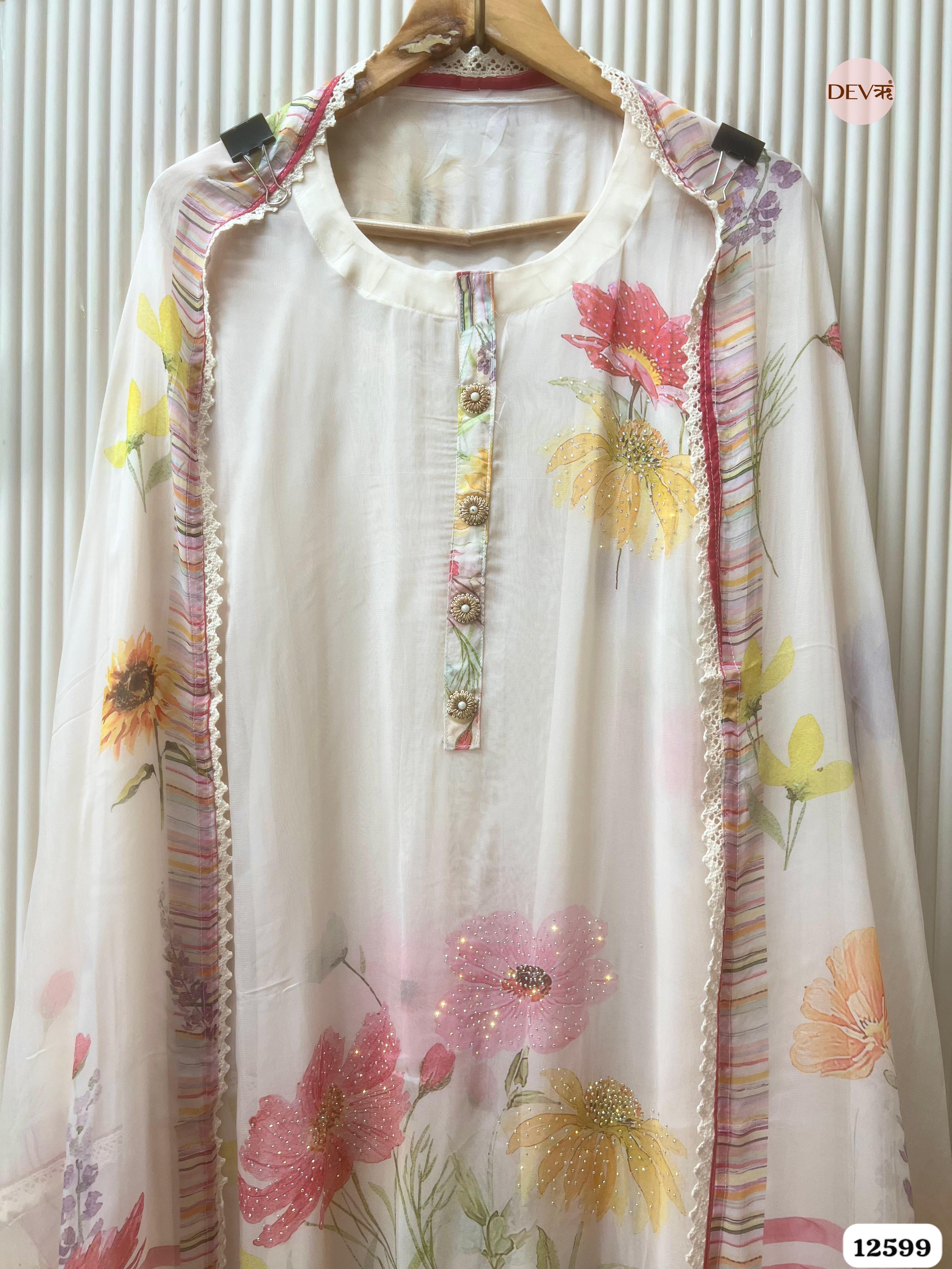 Ivory Organza Floral Printed Unstitched 3-Piece Suit (Devri – D.No 12599)