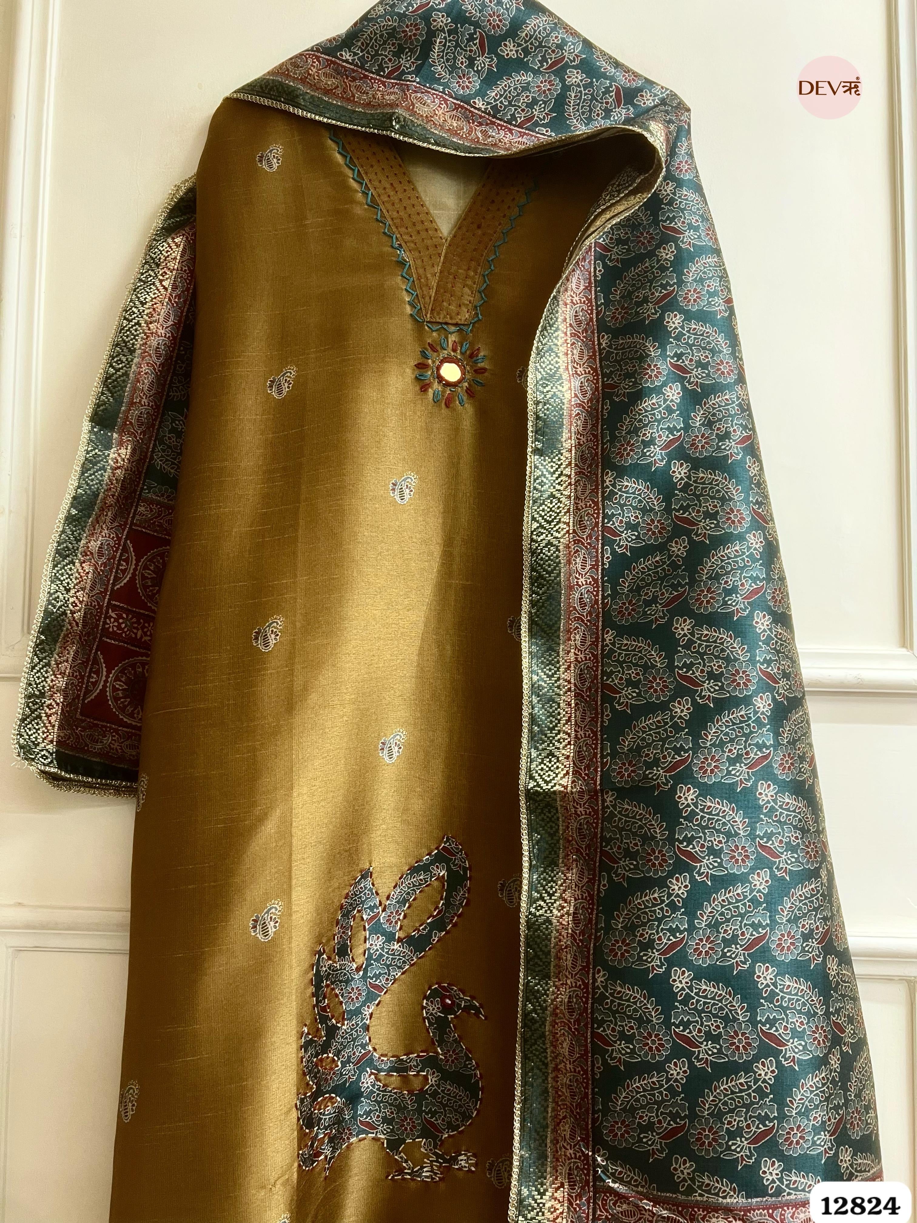 Olive Chanderi Silk Printed Unstitched 3-Piece Suit (Devri – D.No 12824)