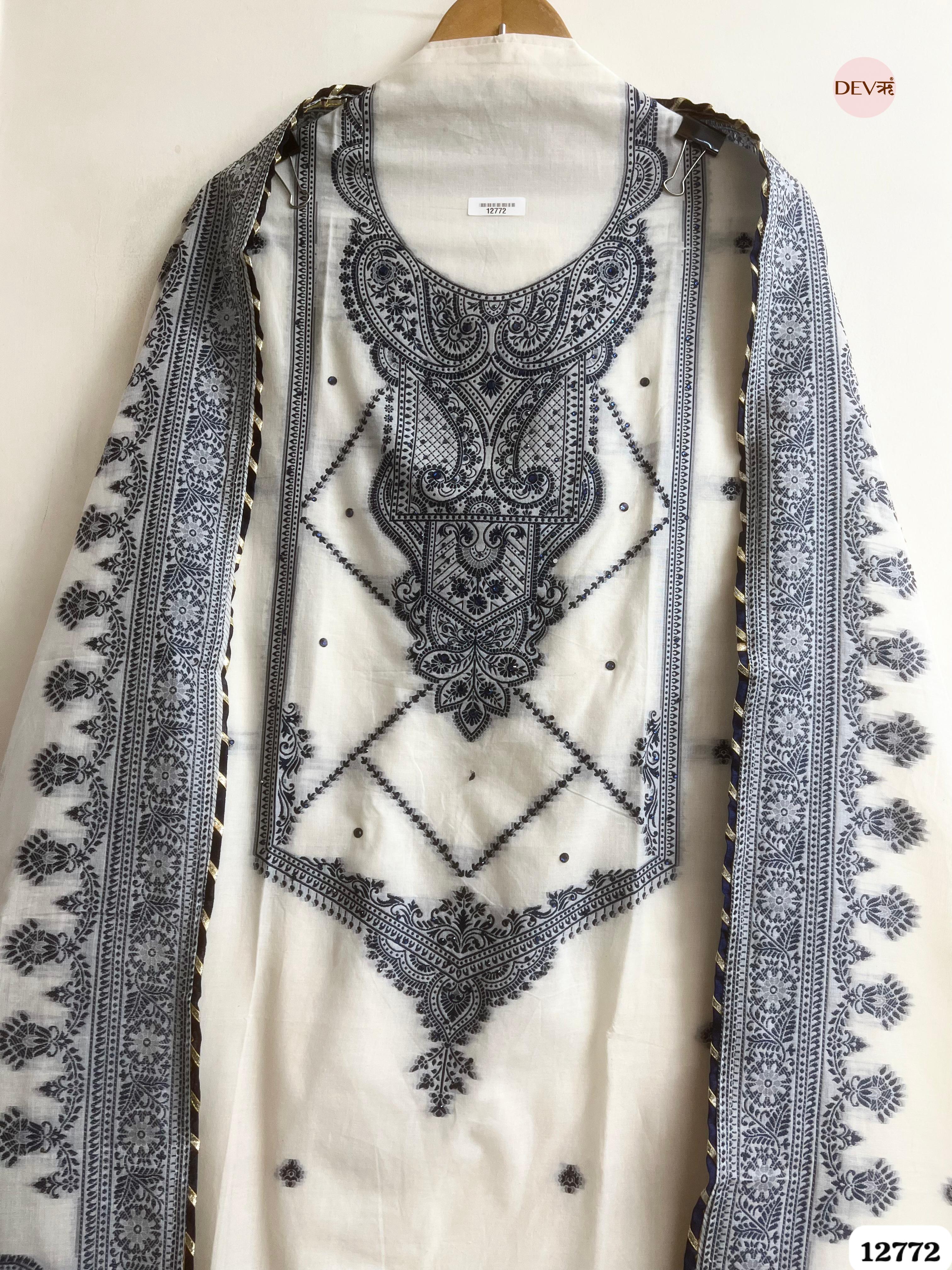 Off-White Jamdani Cotton Embroidered Unstitched 3-Piece Suit (Devri – D.No 12772)