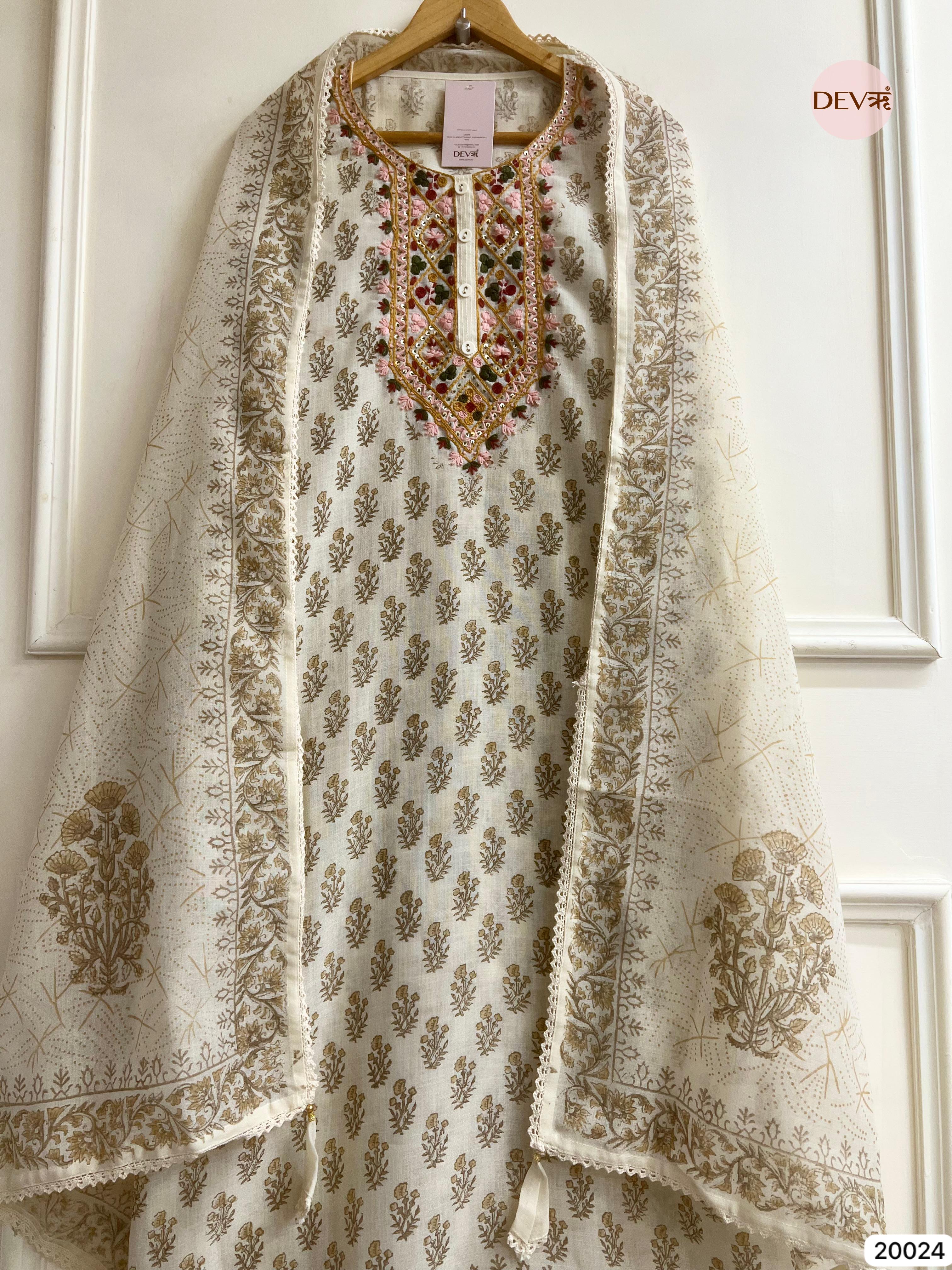 Ivory Pure Linen Cotton Embroidered Unstitched 3-Piece Suit (Devri – D.No .20024 )
