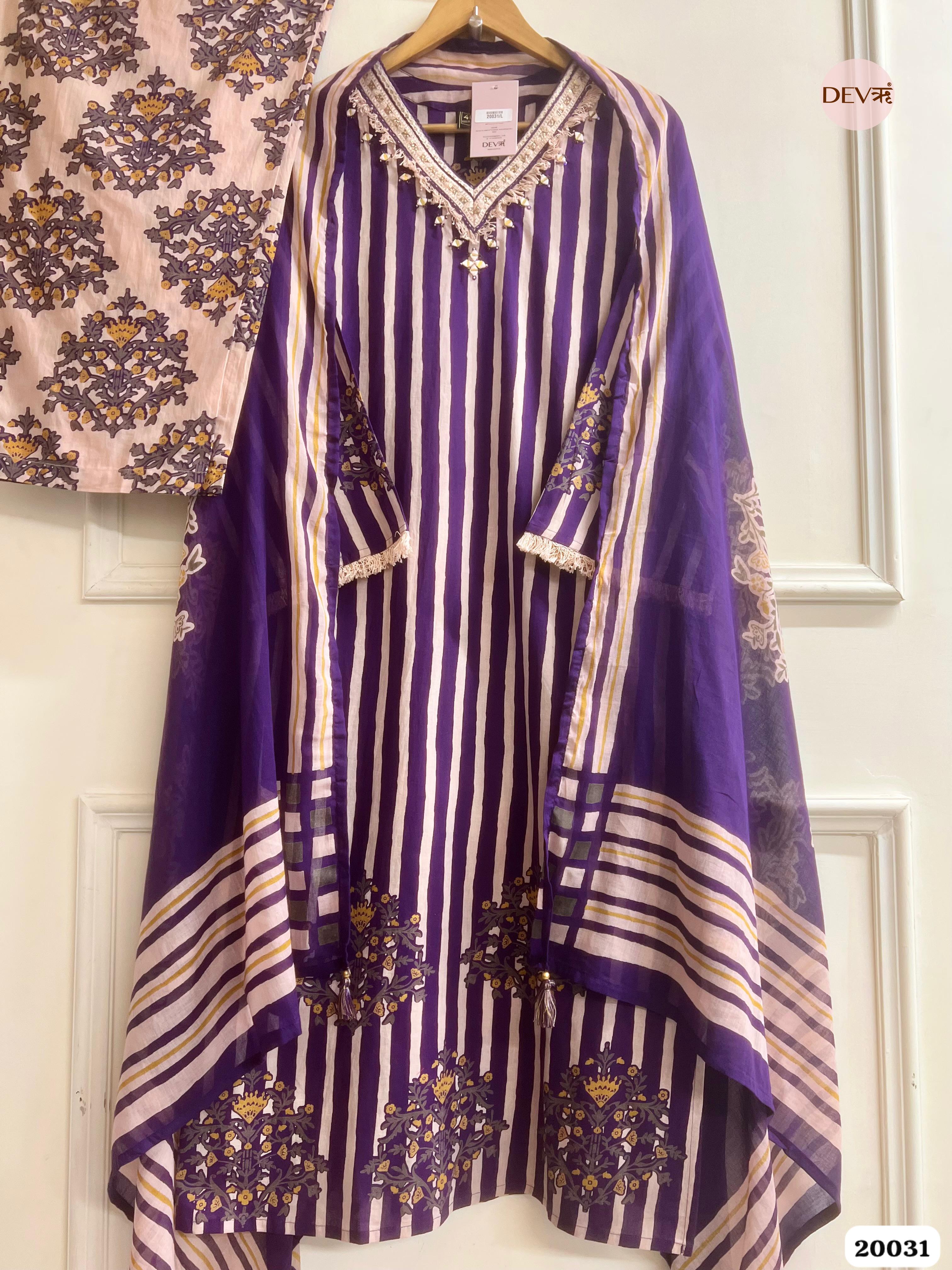 Vanya Pure Cotton Printed Purple Off-White 3-Piece Set (Devri – D.No 20031)