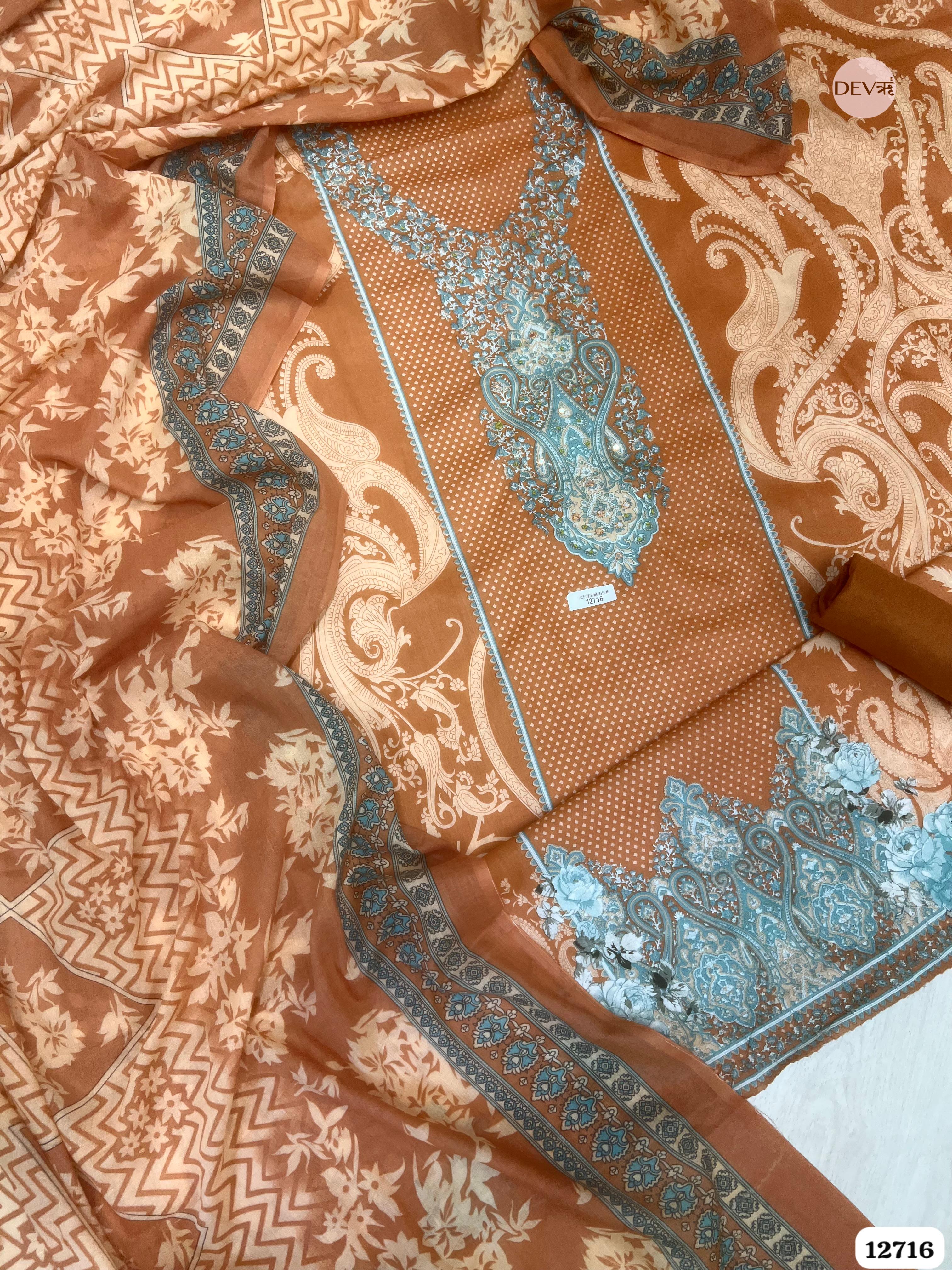 Rust Cotton Printed Unstitched 3-Piece Suit (Devri – D.No 12716)