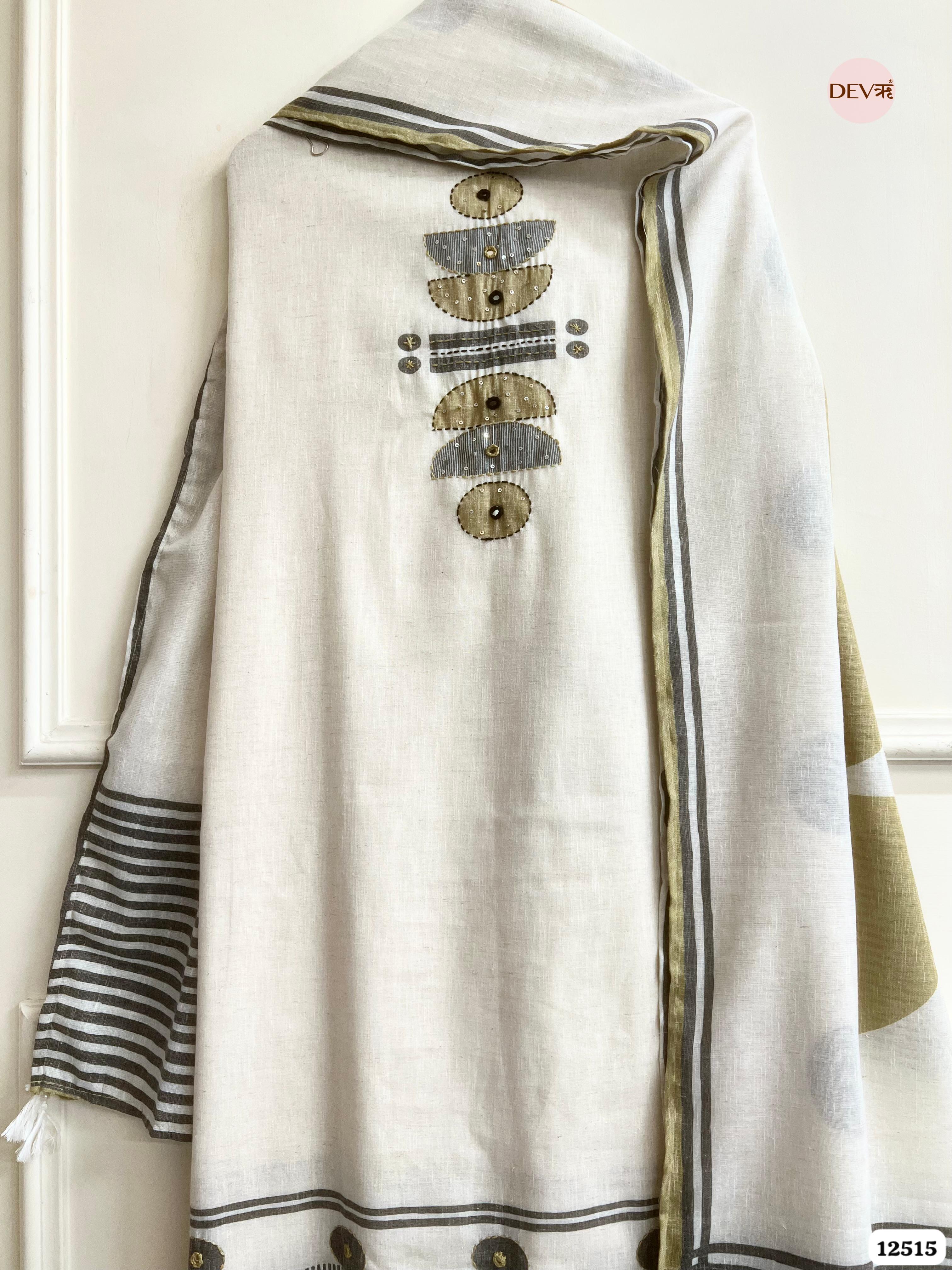 Ivory & Olive Linen Cotton Printed Unstitched 3-Piece Suit (Devri – D.No 12515)