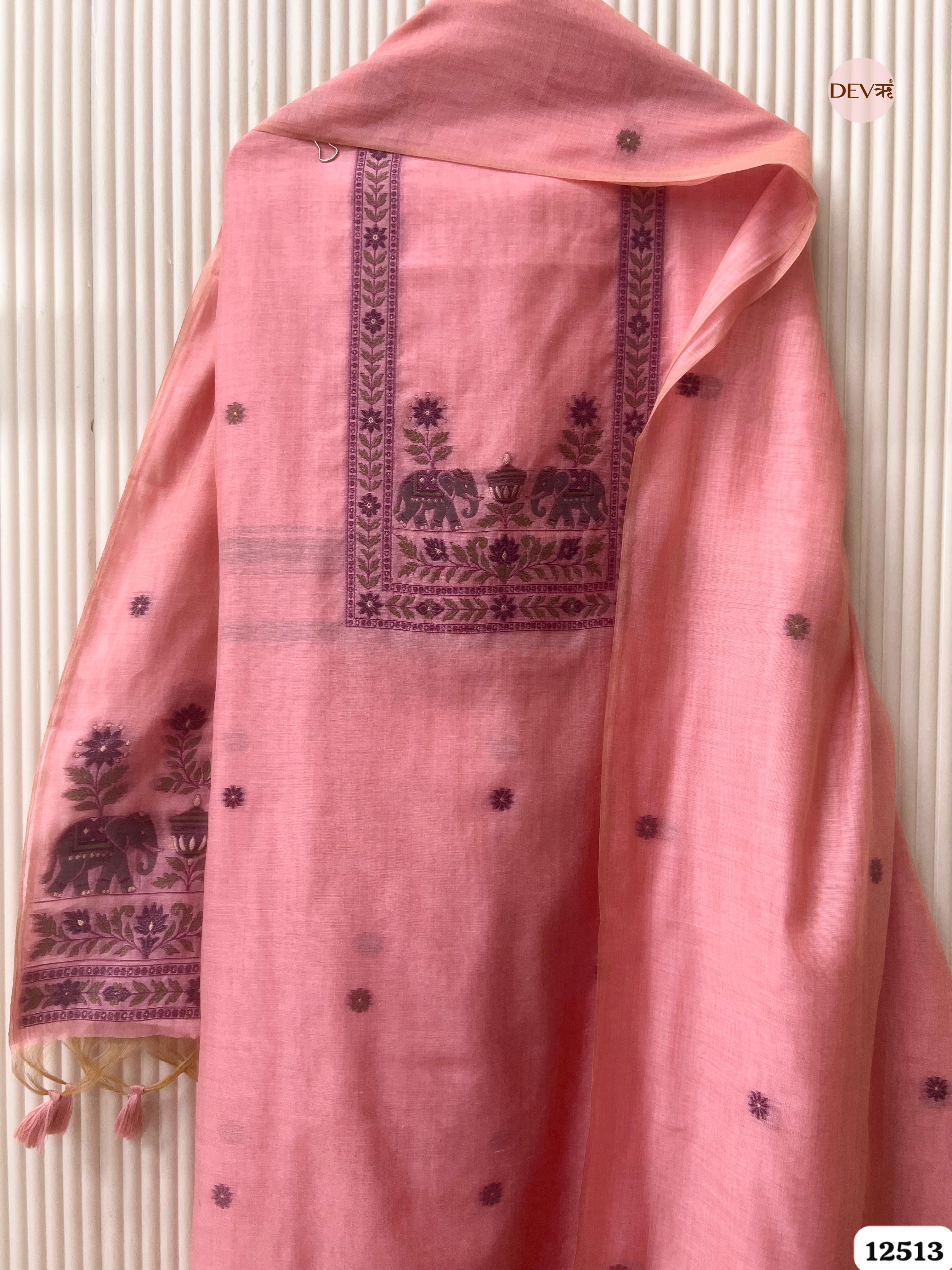 Pink Jamdani Embroidered Unstitched 3-Piece Suit (Devri – D.No 12513)