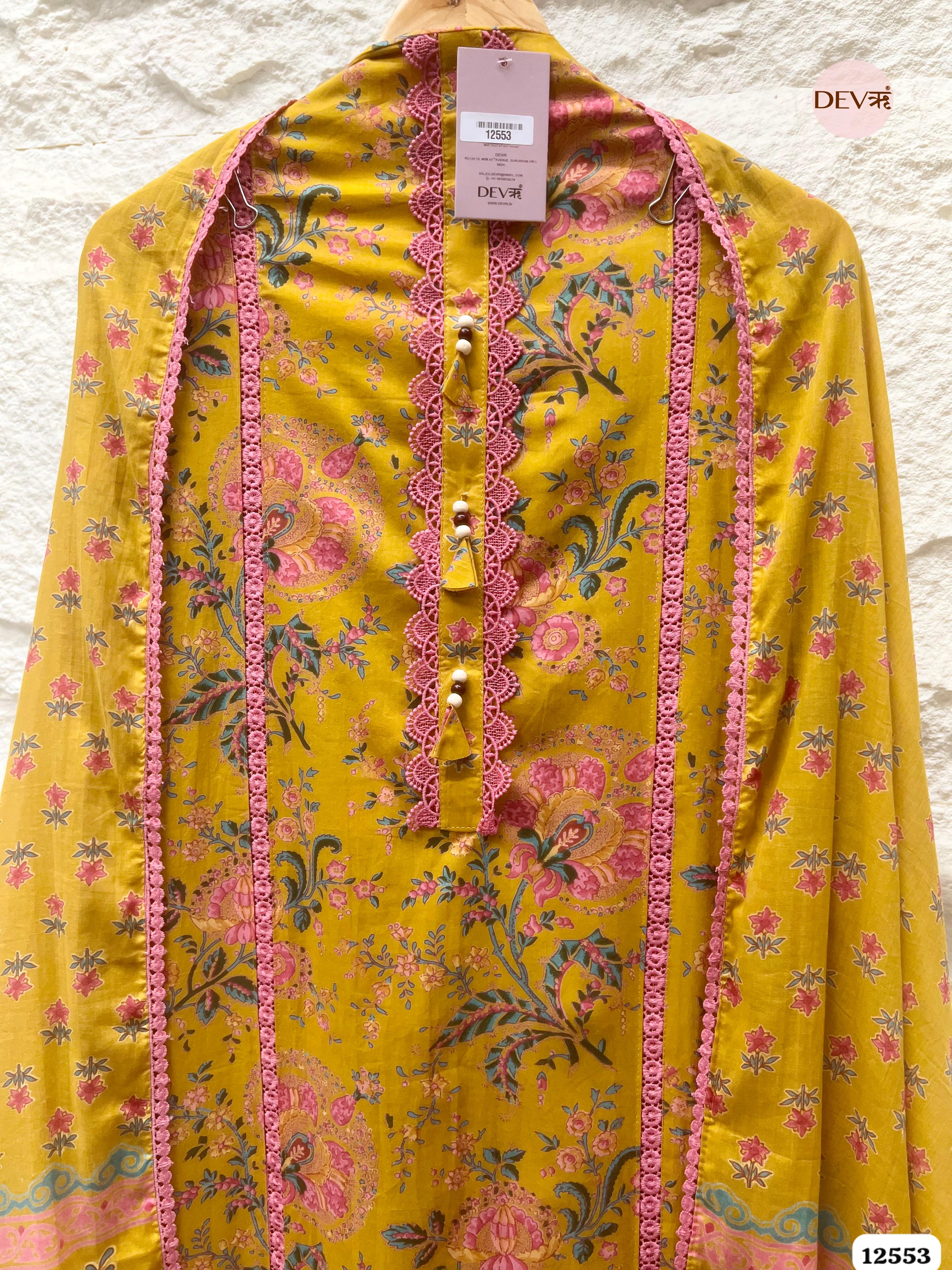 Mustard Pure Cotton Printed Unstitched 3-Piece Suit (Devri – D.No 12553)