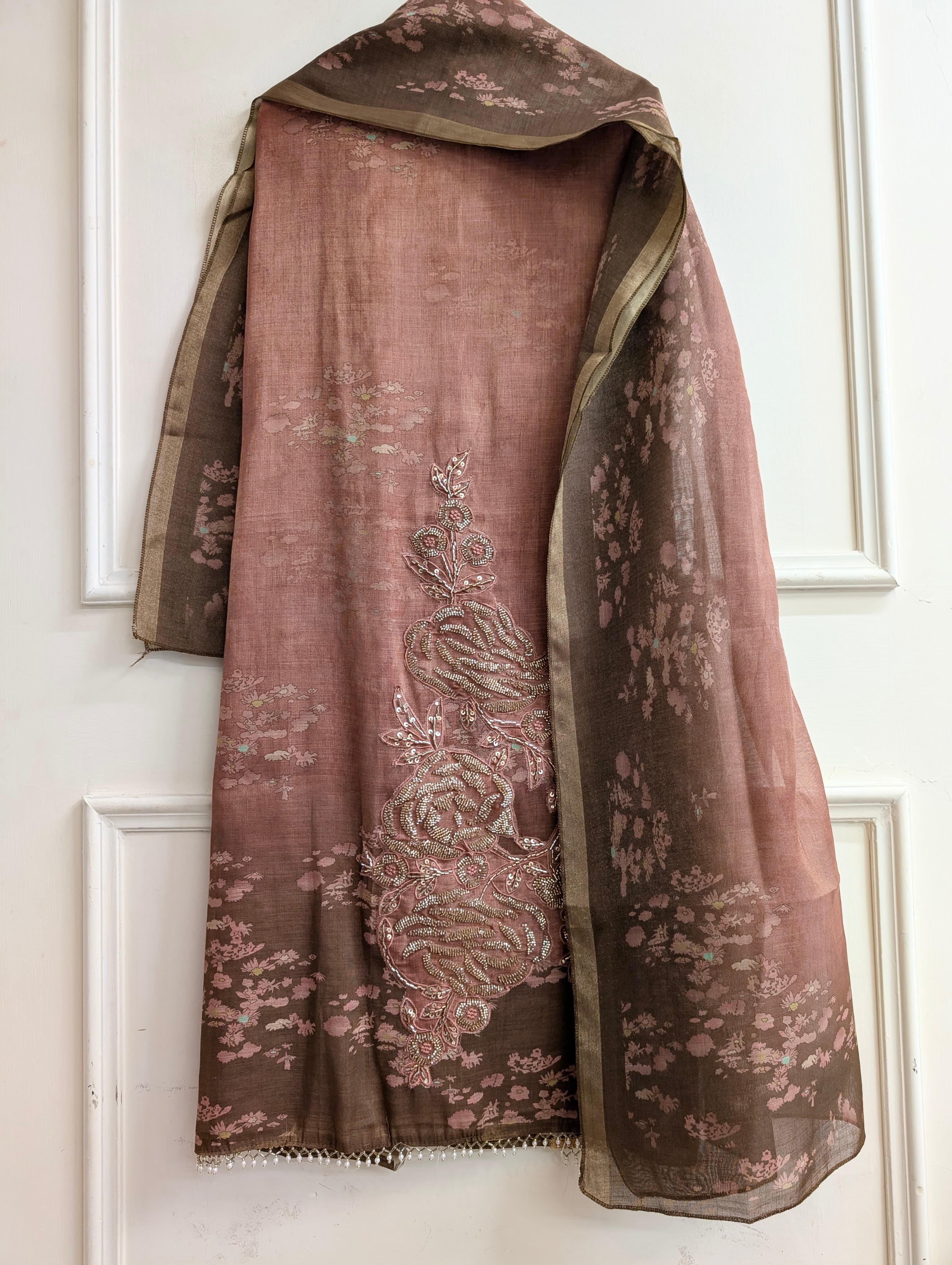 Brown Linen Cotton Printed Unstitched 3-Piece Suit (Devri – D.No 13538)