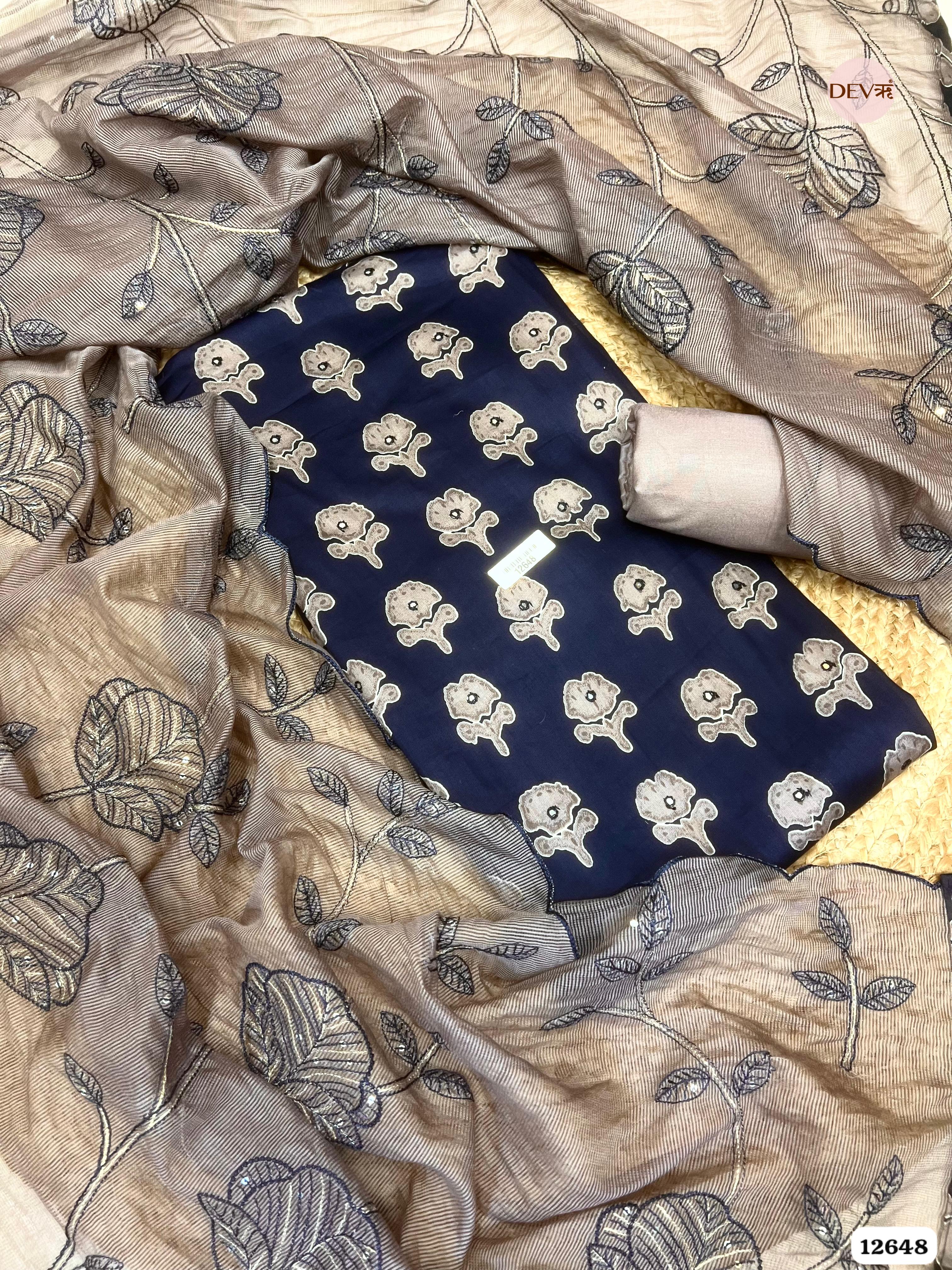 Navy Blue Cotton Embroidered Unstitched 3-Piece Suit (Devri – D.No 12648)