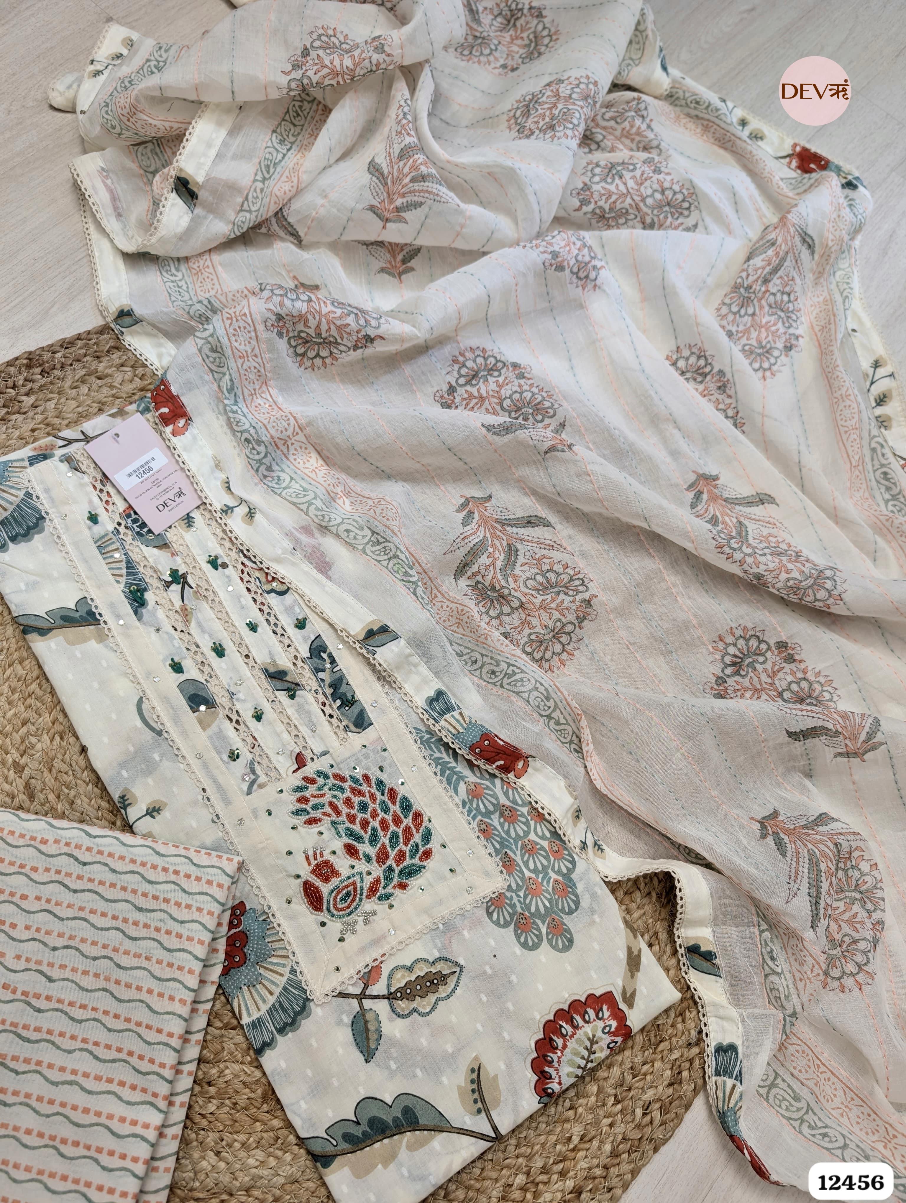 Peach & Teal Pure Cotton Printed Unstitched 3-Piece Suit (Devri – D.No. 12456)