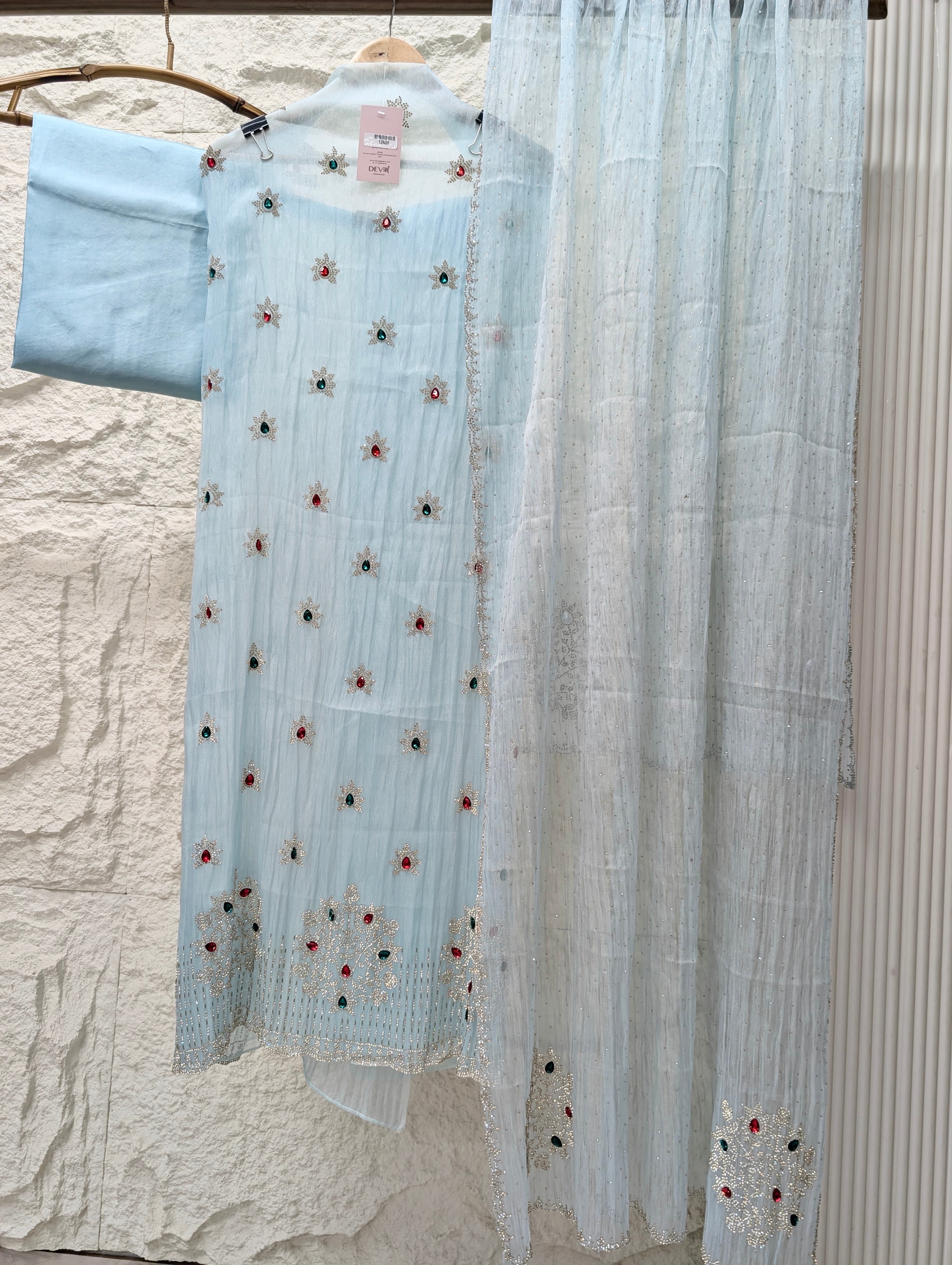 Blue Pure Organza Silk Hand Unstitched 3-Piece Suit (Devri – D.No 13636)