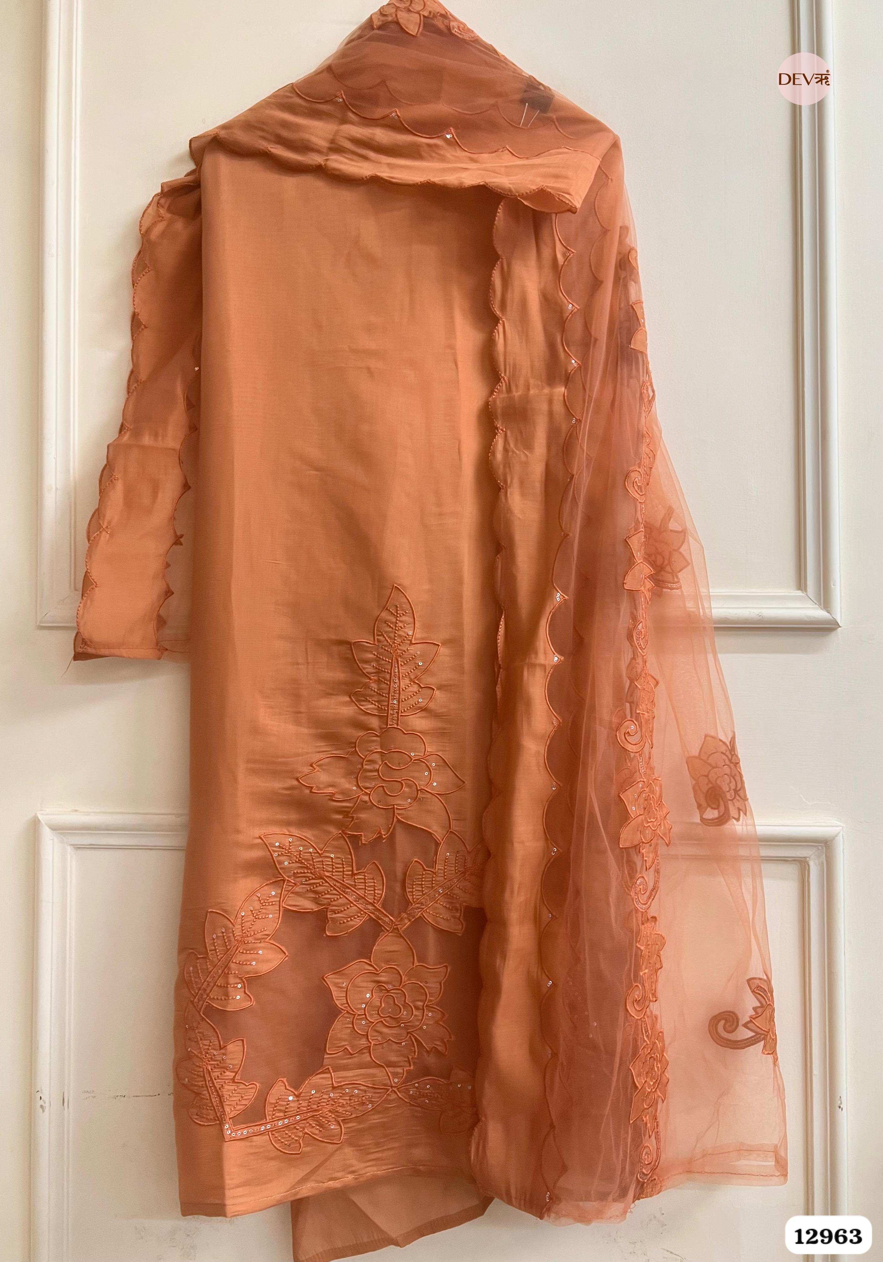 Peach Roman Silk Embroidered Unstitched 3-Piece Suit (Devri – D.No 12963)