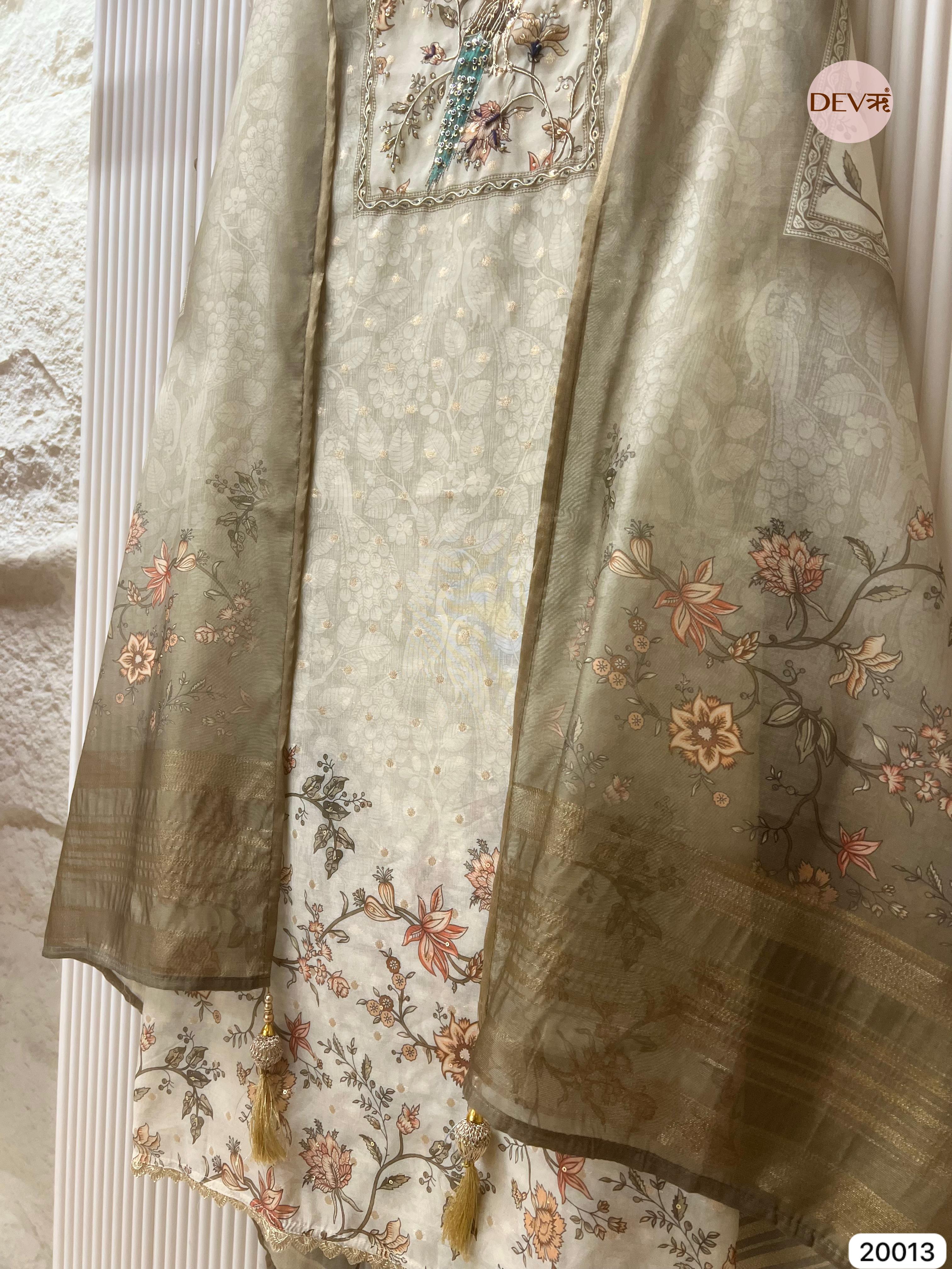 Off-White Pure Chanderi Hand Embroidered Unstitched 3-Piece Suit (Devri – D.No 20013)