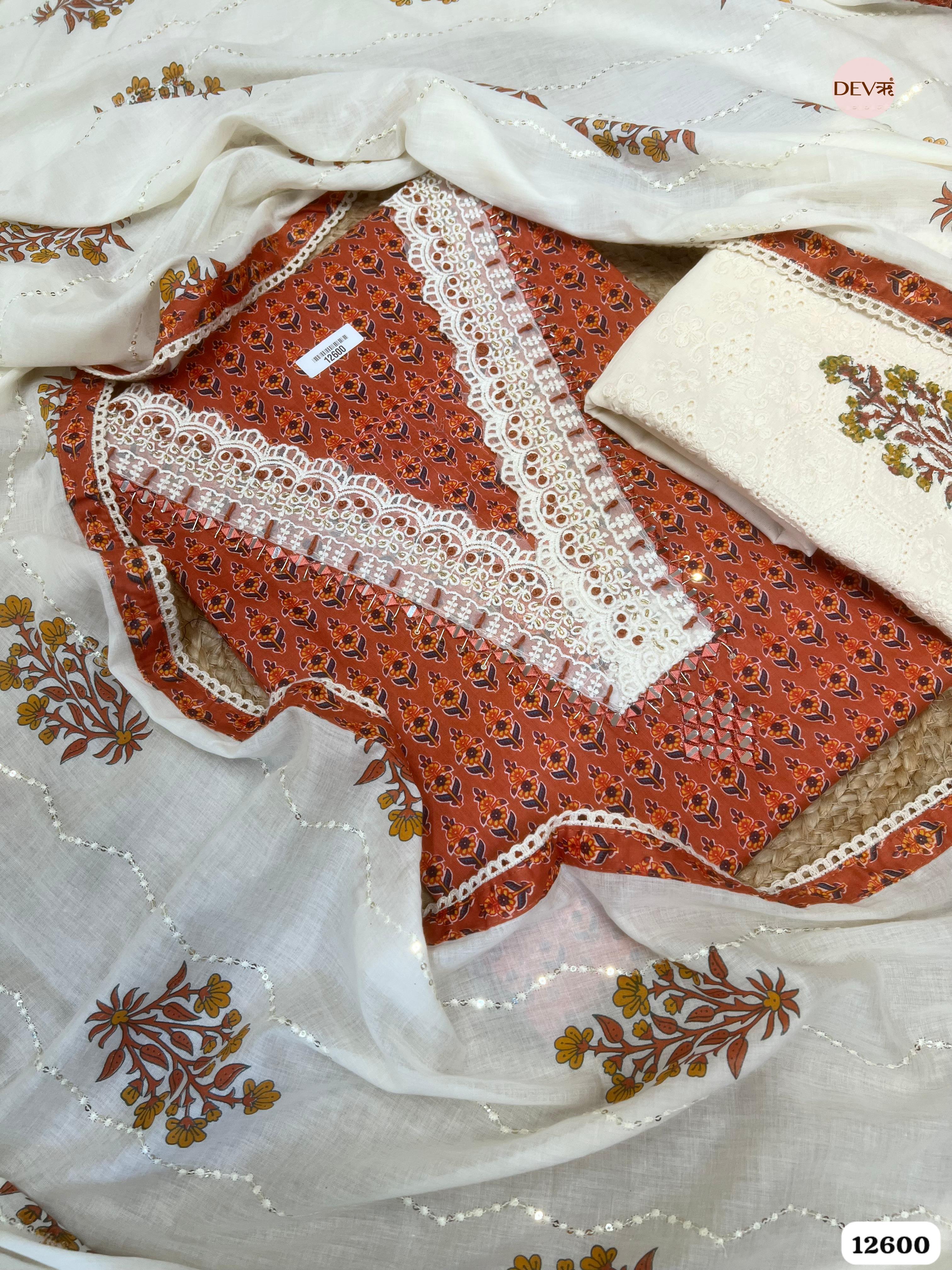 Rust Orange Cotton Printed Unstitched 3-Piece Suit (Devri – D.No 12600)