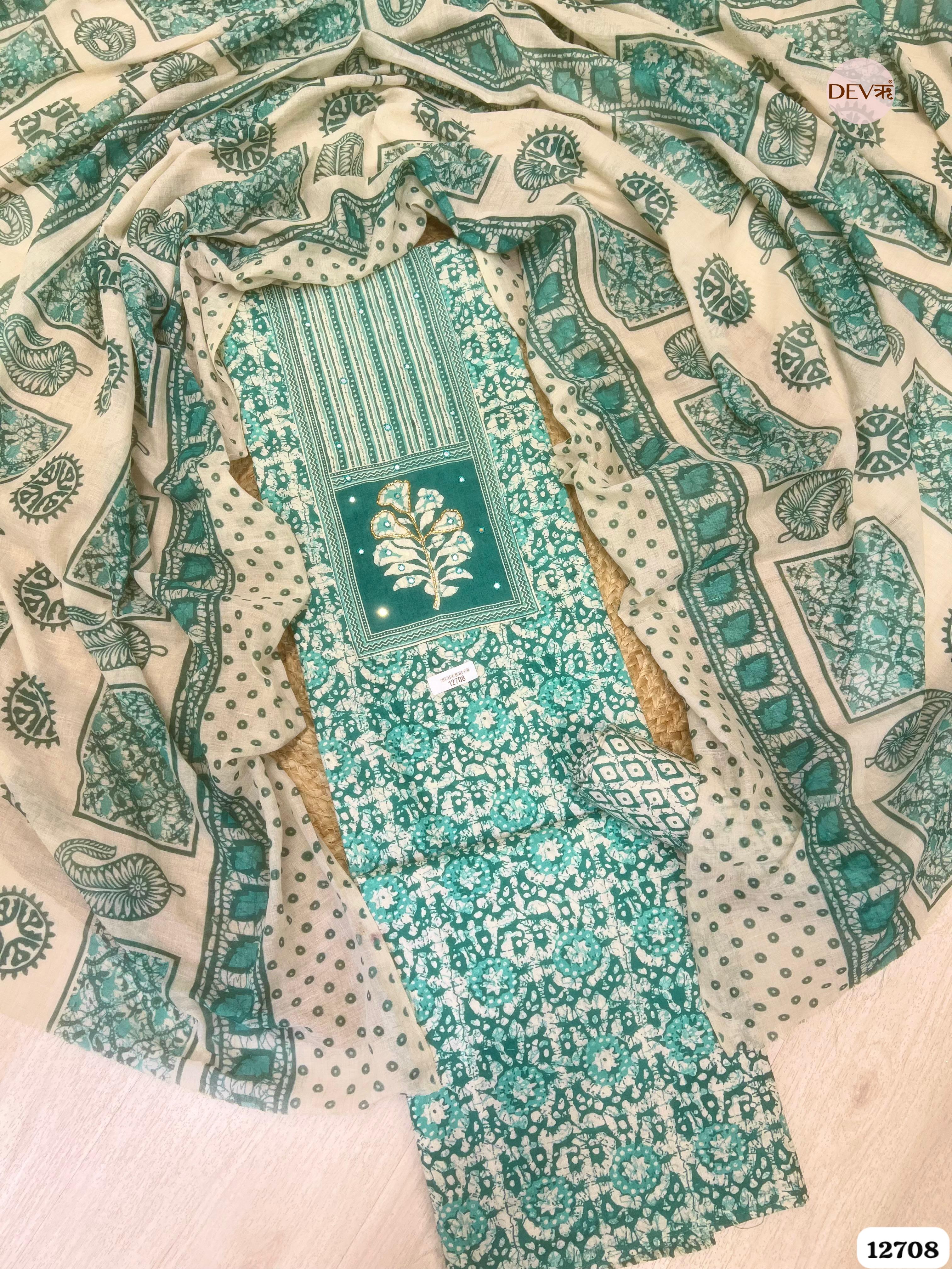 Teal Green Cotton Printed Unstitched 3-Piece Suit (Devri – D.No 12708)