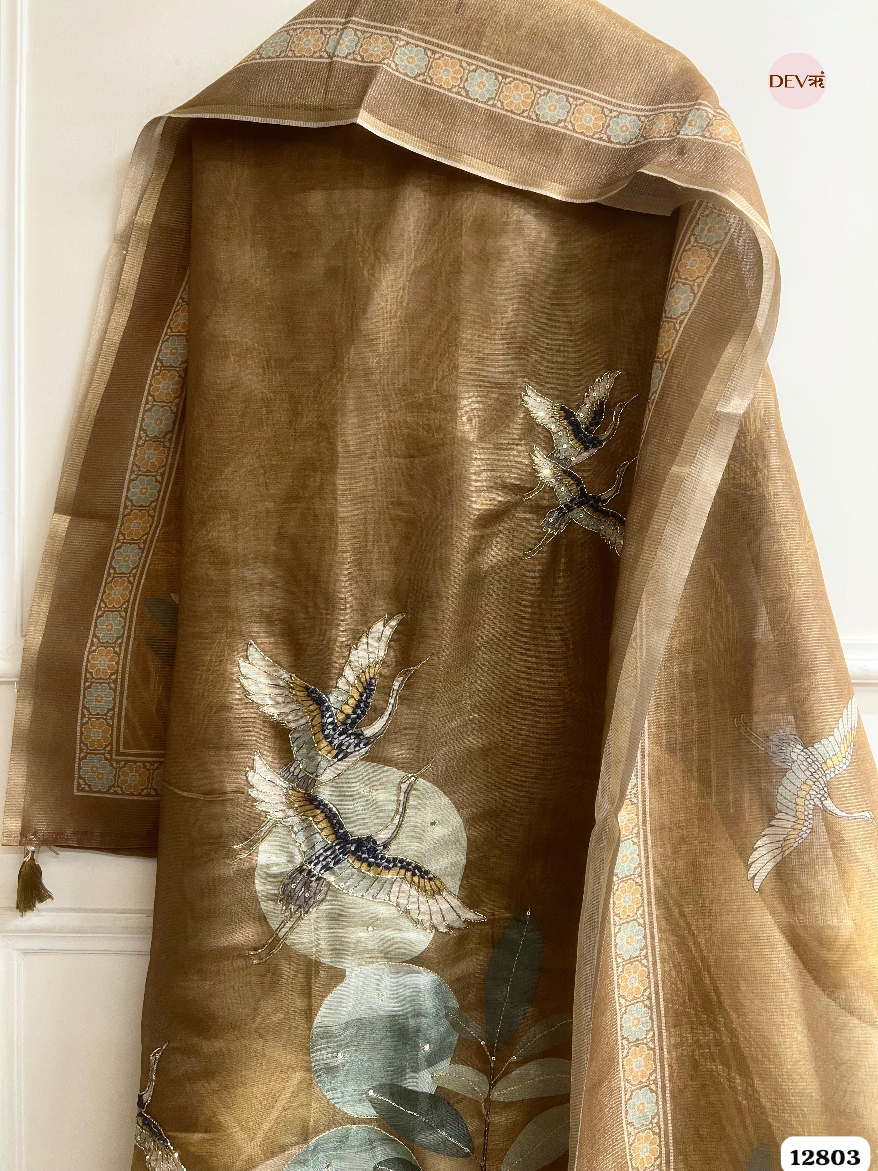 Brown Burbery Shimmer Printed Unstitched 3-Piece Suit (Devri – D.No 12803)