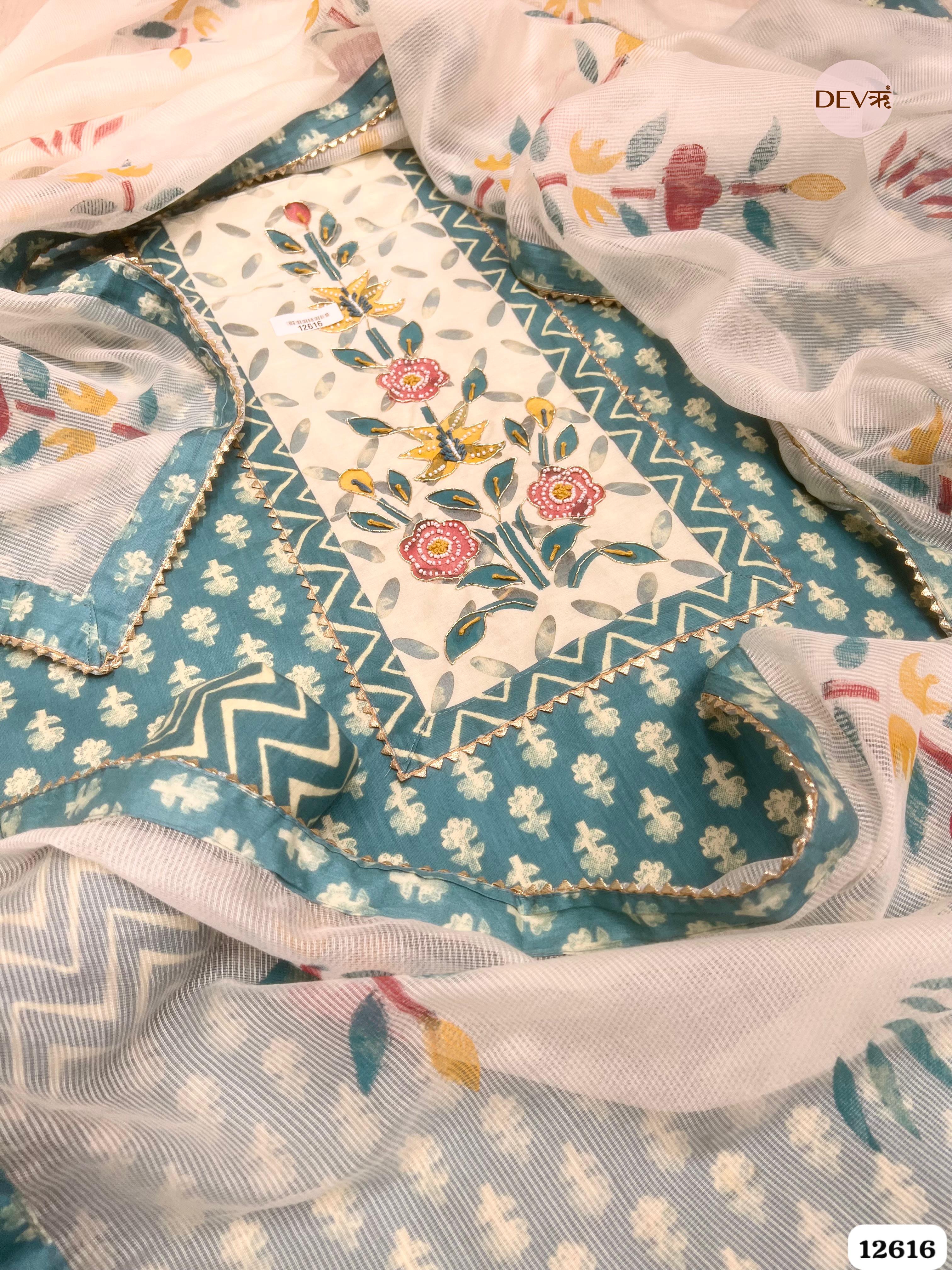 Teal Blue Cotton Embroidered Unstitched 3-Piece Suit (Devri – D.No 12616)