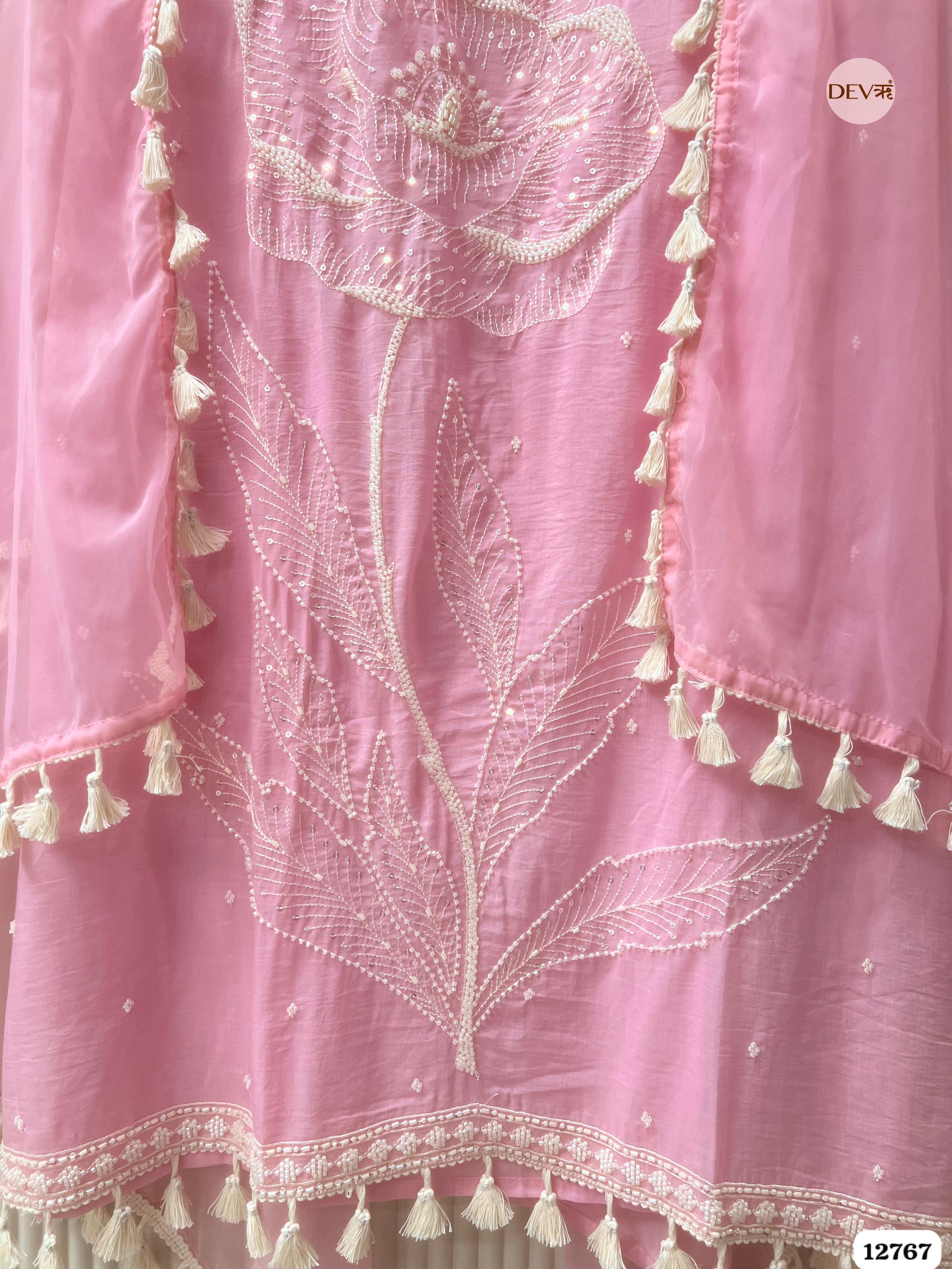 Pink Mul Cotton Hand-Embroidered Unstitched 3-Piece Suit (Devri – D.No 12767)