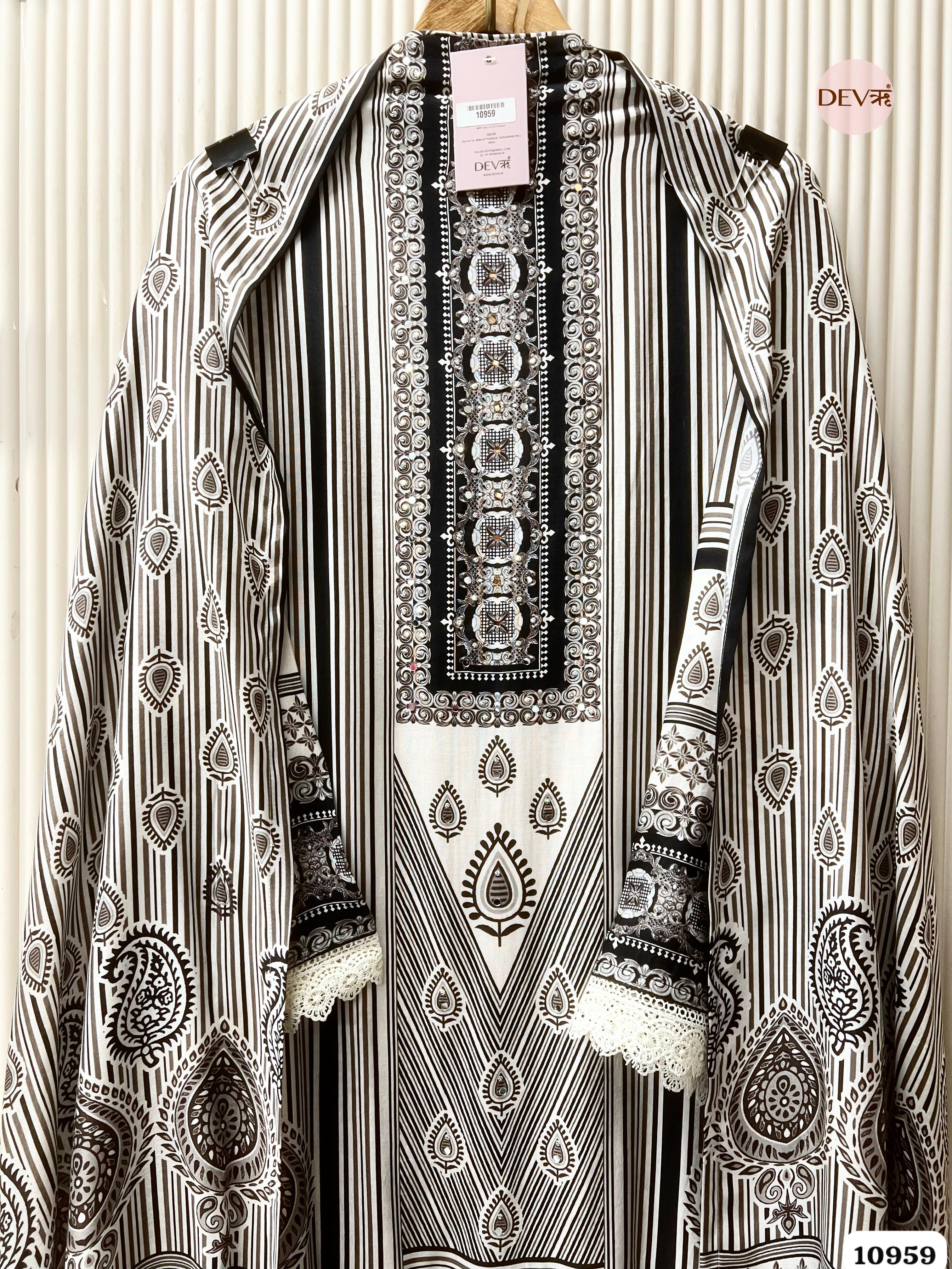 Black & Ivory Muslin Printed Unstitched 3-Piece Suit (Devri – D.No. 10959)
