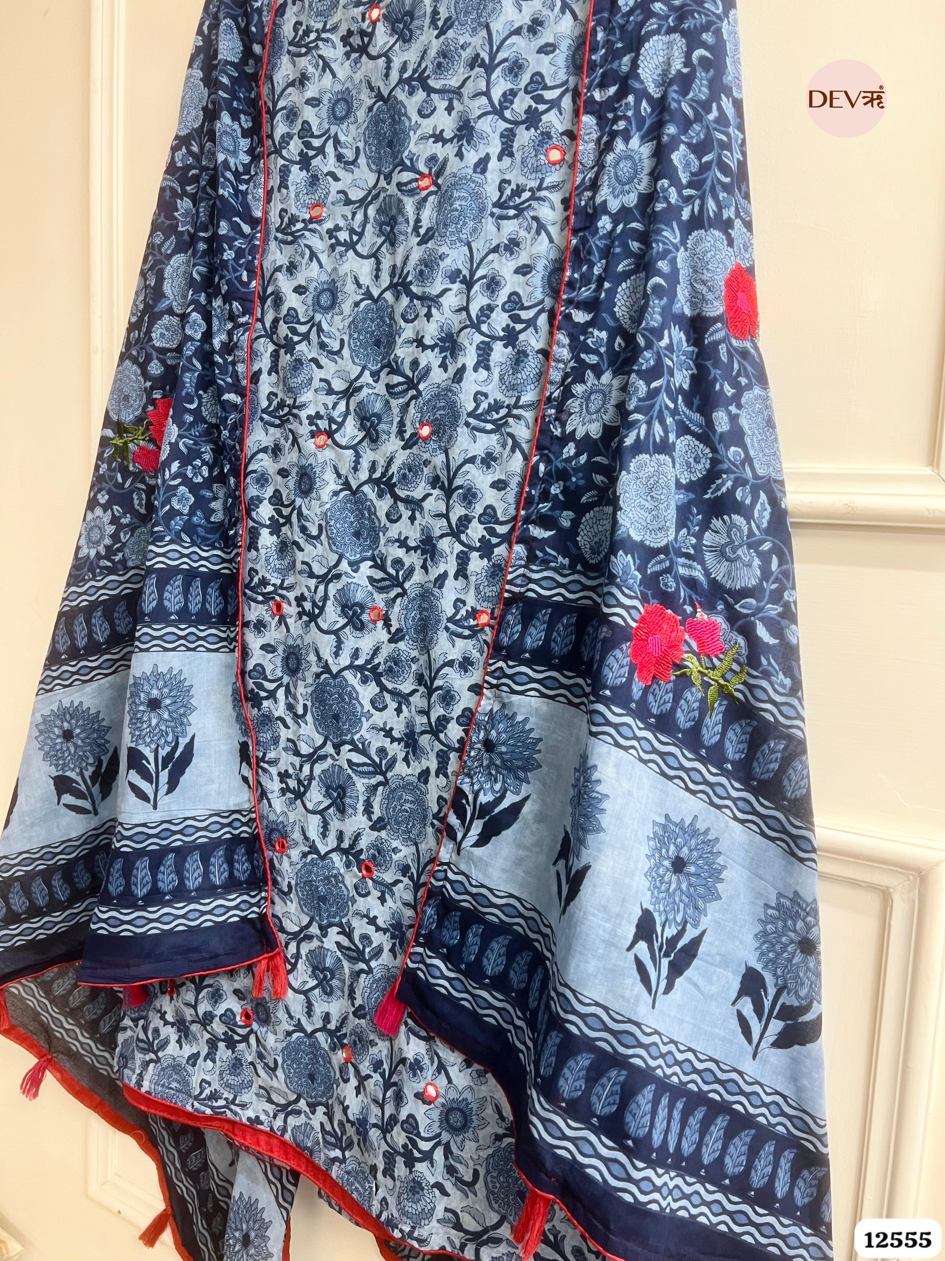 Blue Pure Cotton Printed Unstitched 3-Piece Suit (Devri – D.No 12555)