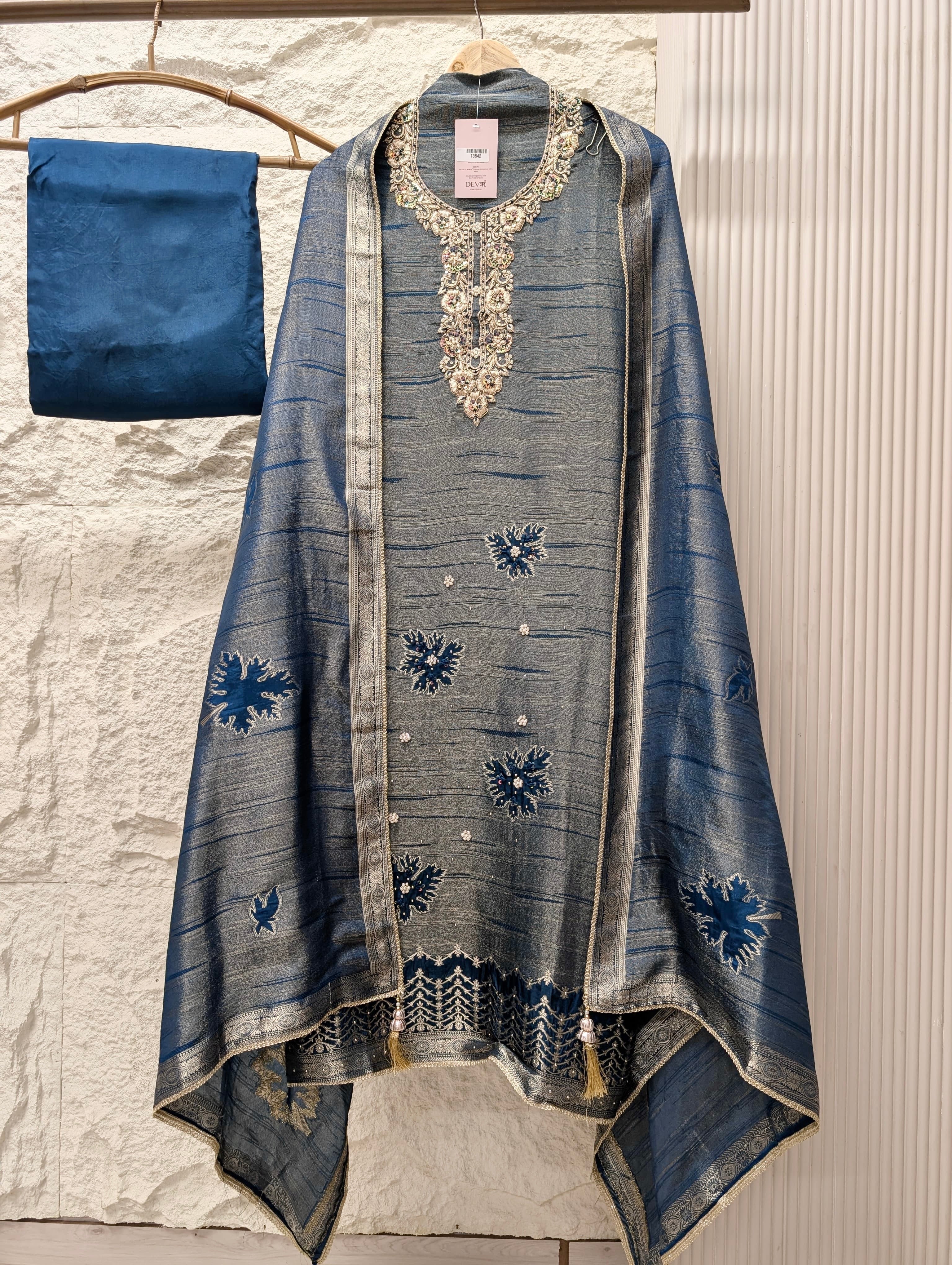 Blue Pure Girafe Banarasi Silk Embroidered Unstitched 3-Piece Suit (Devri – D.No 13642)
