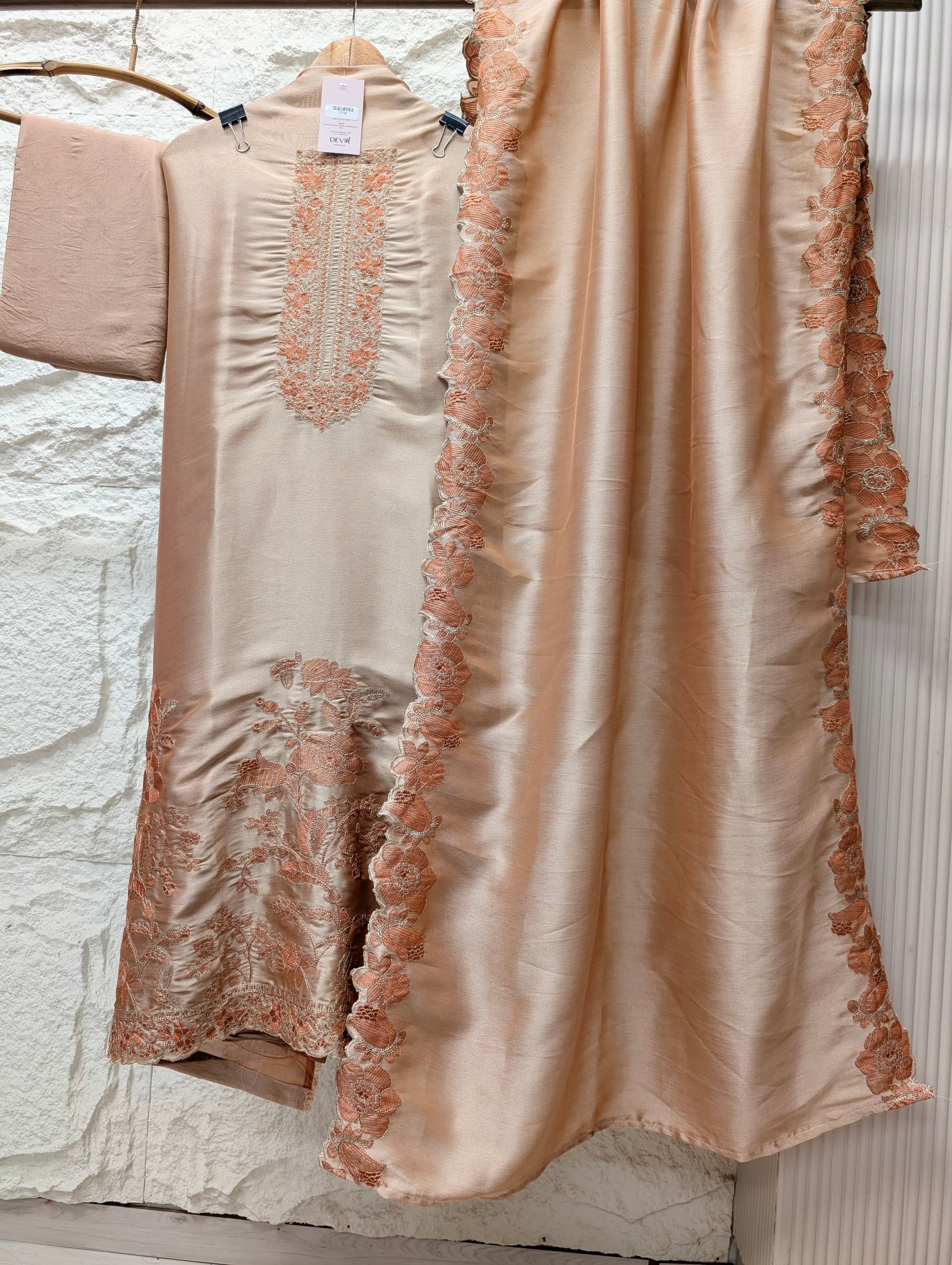 Peach Silk Blend Embroidered Unstitched 3-Piece Suit (Devri – D.No 13710)