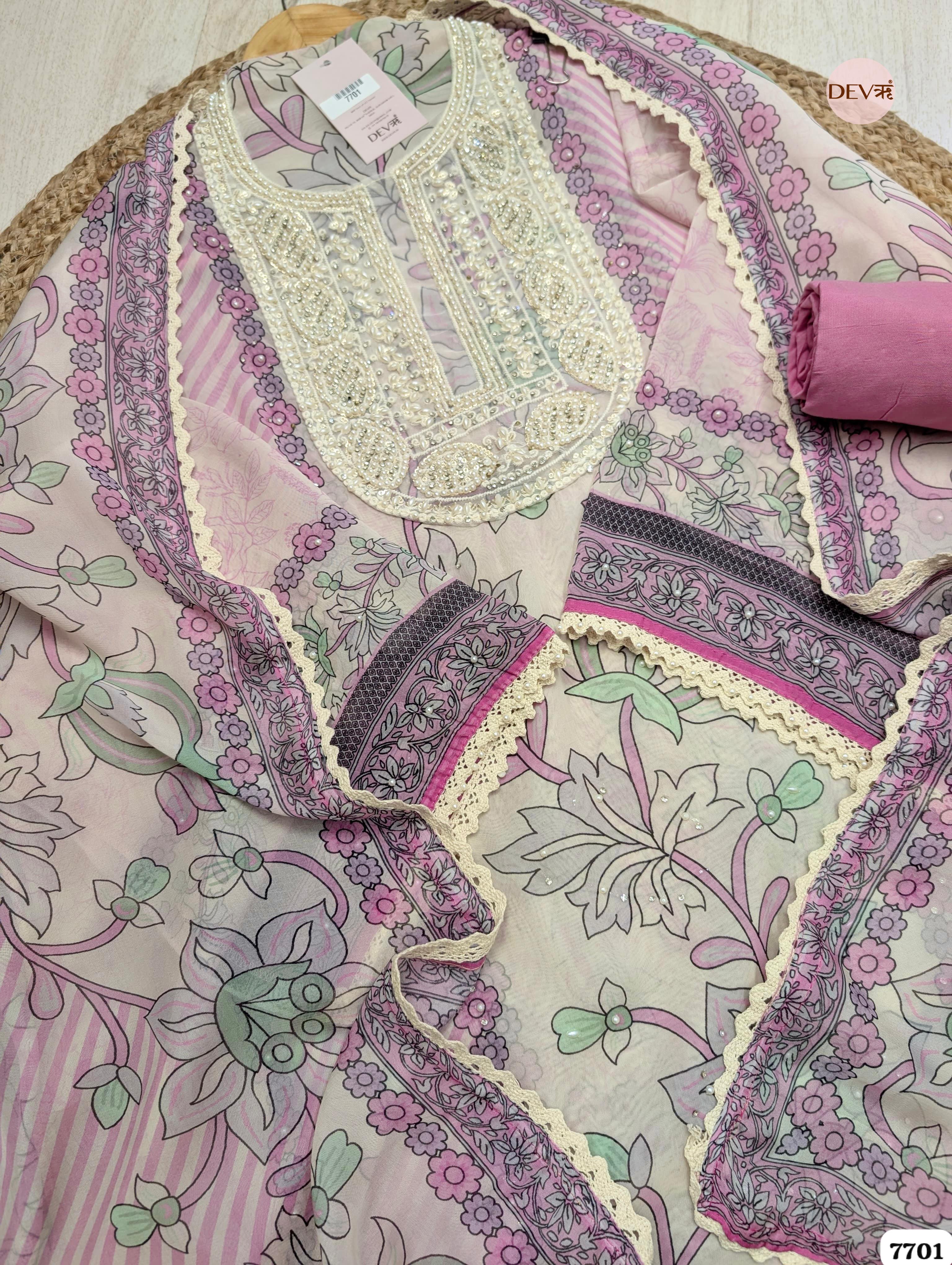 Pink & Mint Organza Silk Printed Unstitched 3-Piece Suit (Devri – D.No. 7701)