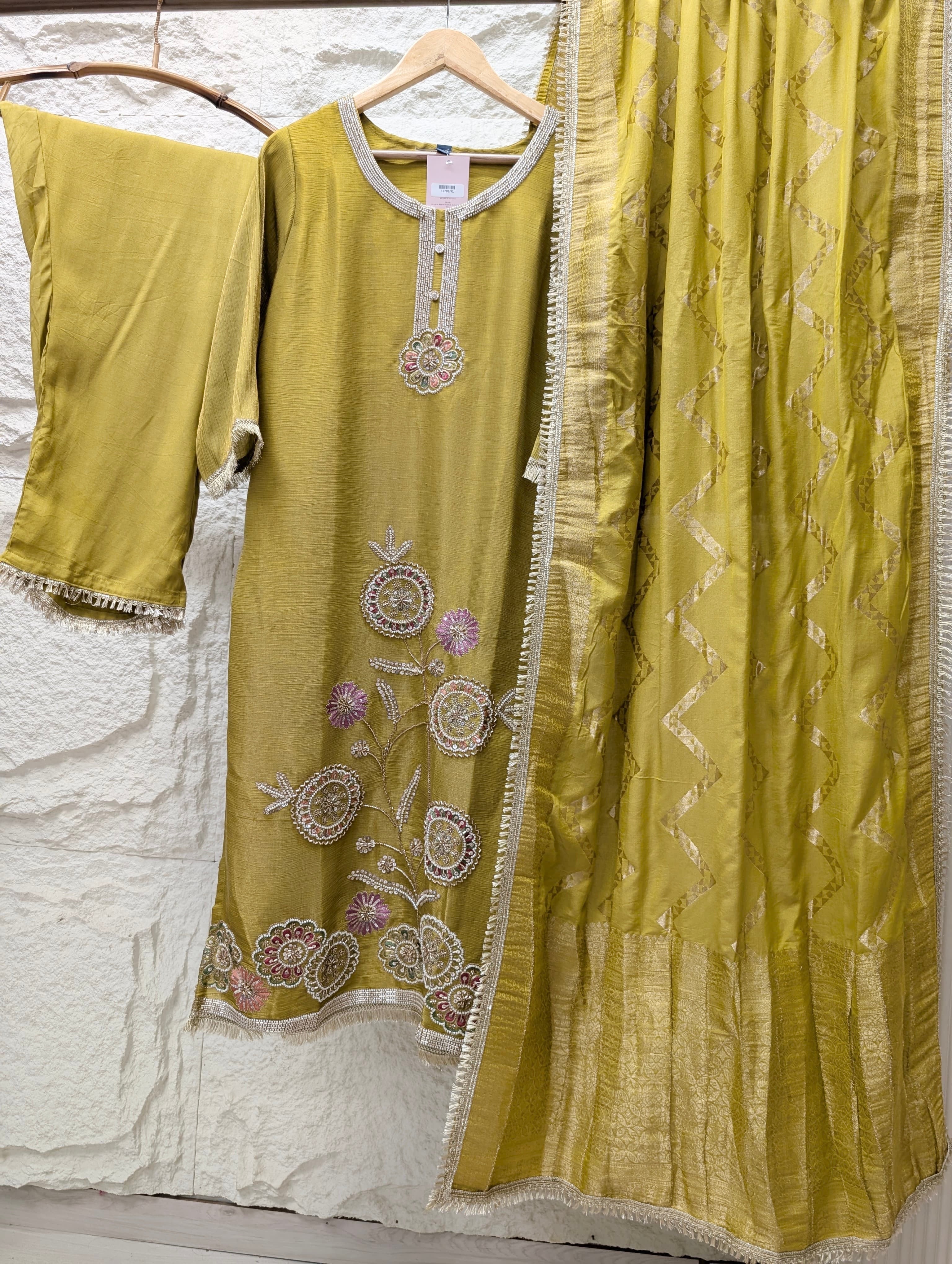 Gulnaar Tissue silk blend Embroidered Olive Green 3-Piece Set (Devri – D.No 13706)