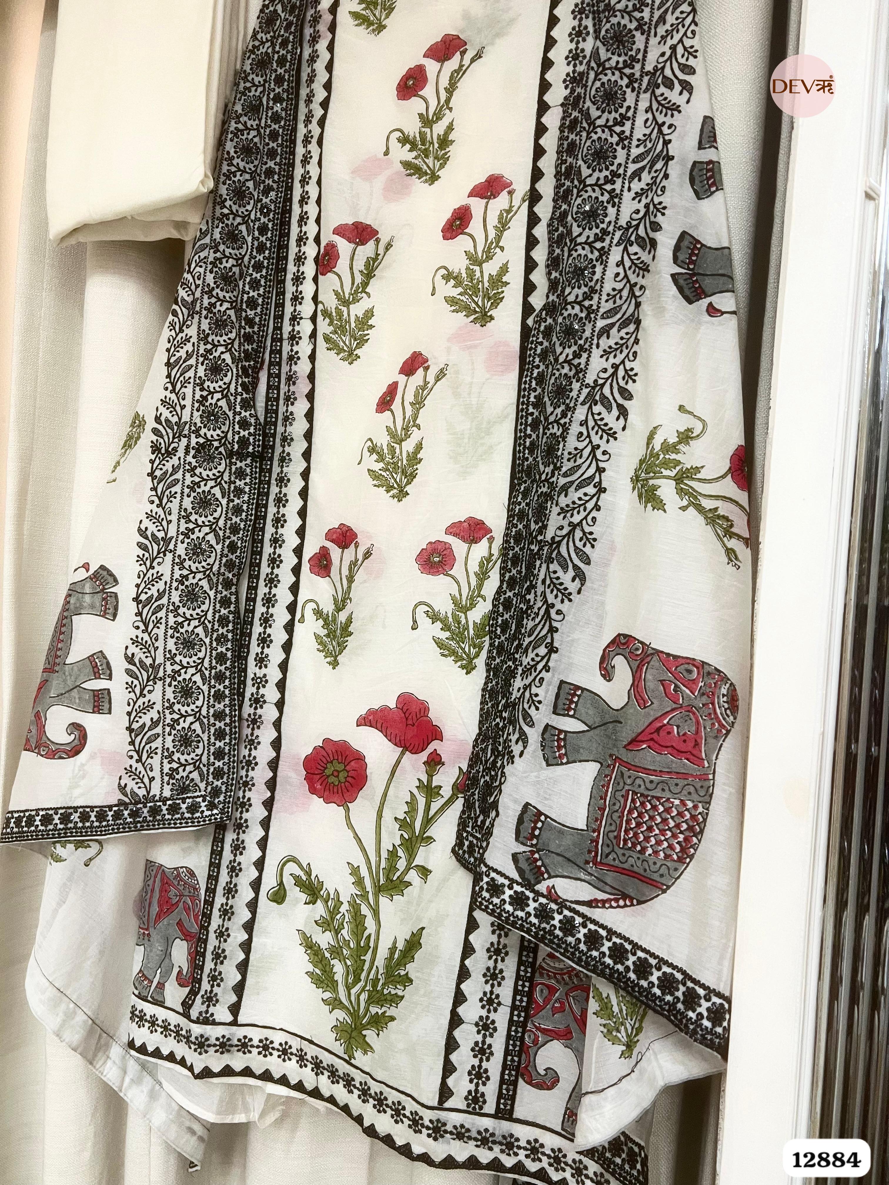 White Mul Chanderi Printed Unstitched 3-Piece Suit (Devri – D.No 12884)