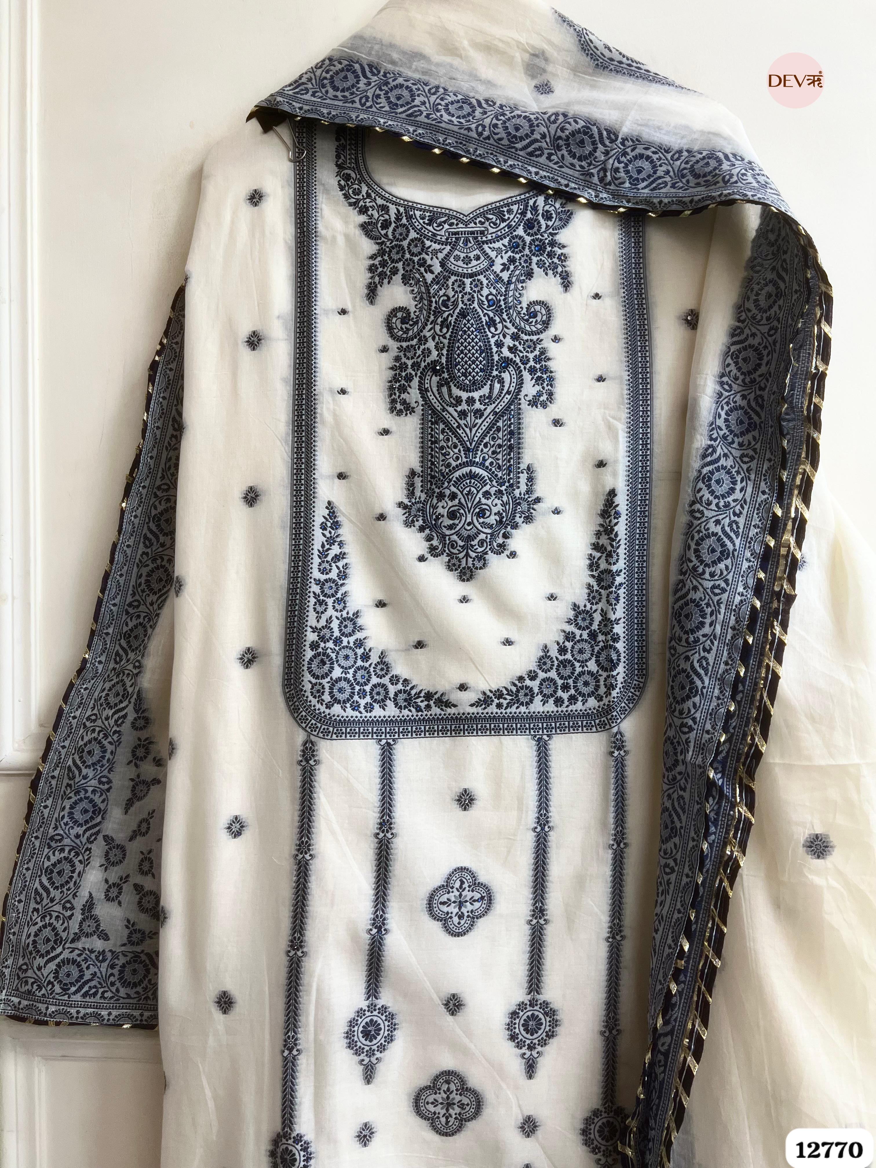Off-White Jamdani Cotton Embroidered Unstitched 3-Piece Suit (Devri – D.No 12770)