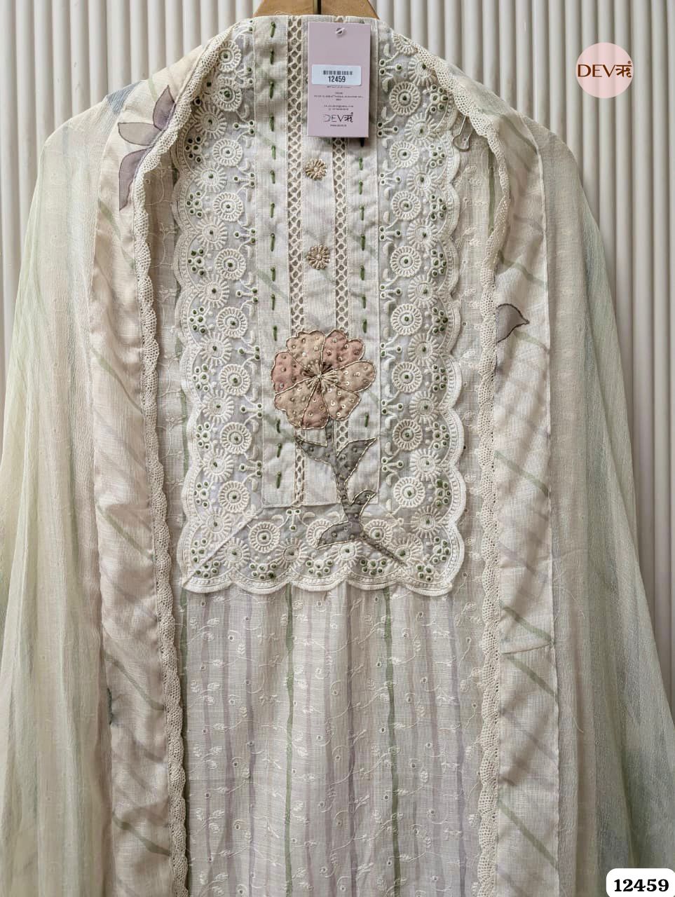 Sage Green & Beige Pure Linen Embroidered Unstitched 3-Piece Suit (Devri – D.No 12459)