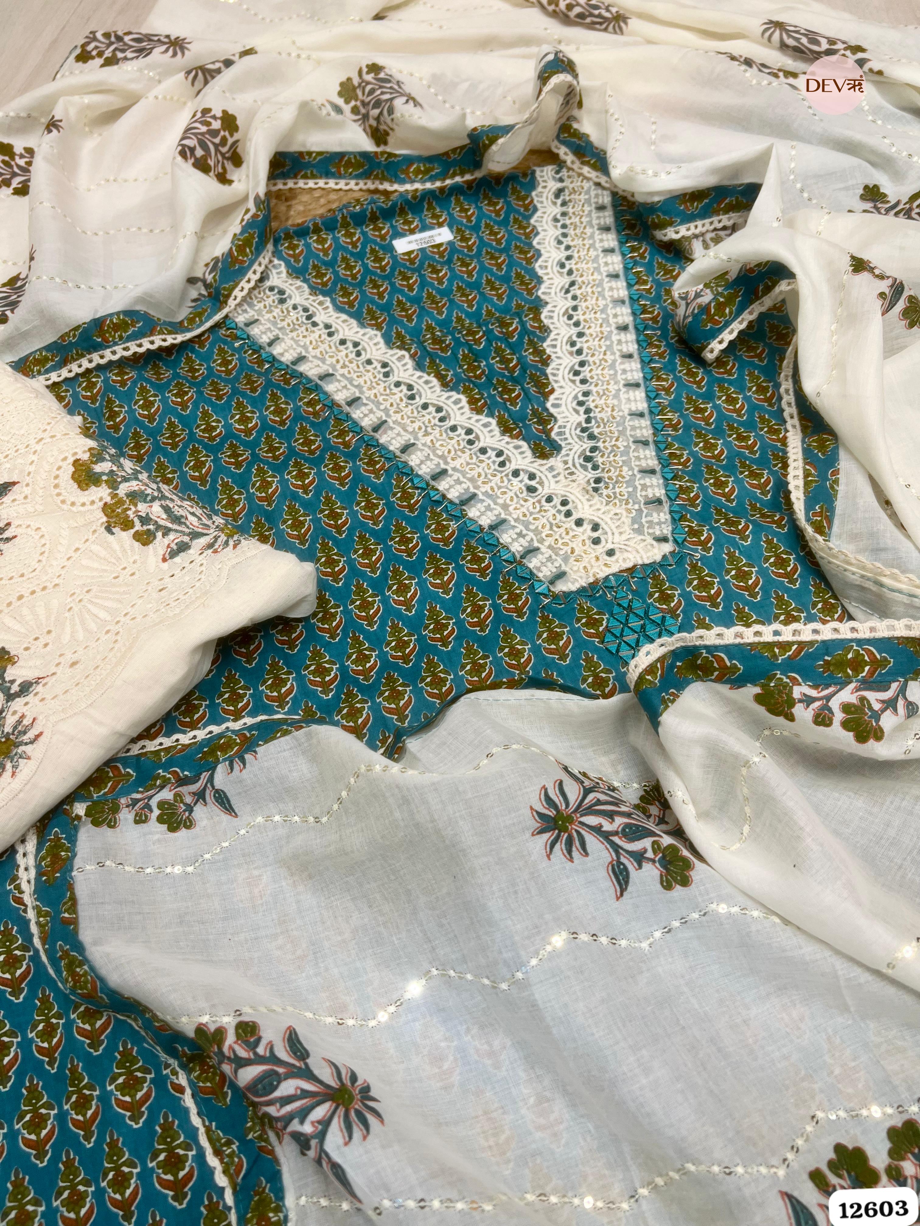 Teal Blue Cotton Printed Unstitched 3-Piece Suit (Devri – D.No 12603)