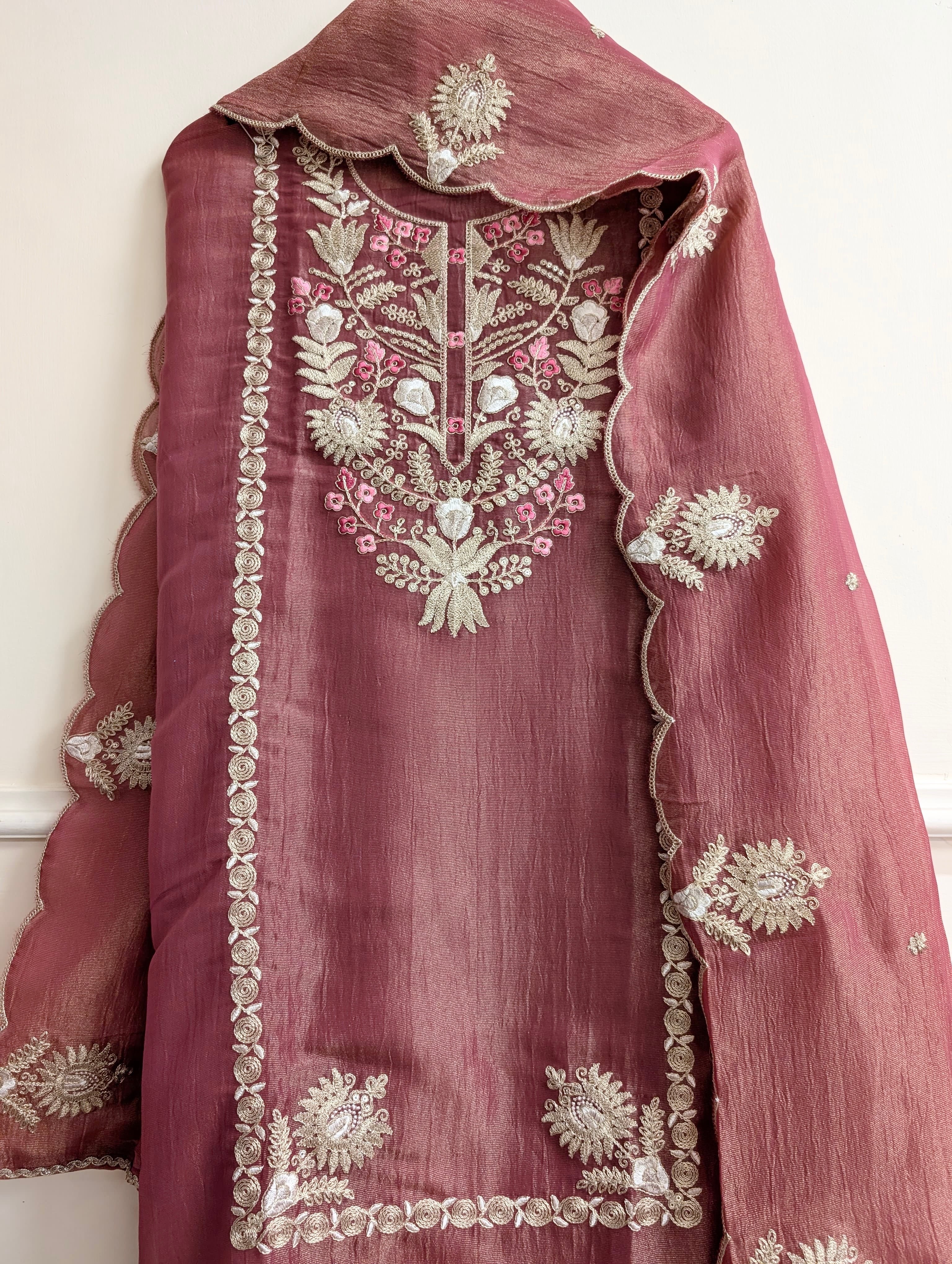 Mauve Pure Tissue Silk Embroidered Unstitched 3-Piece Suit (Devri – D.No 13761)