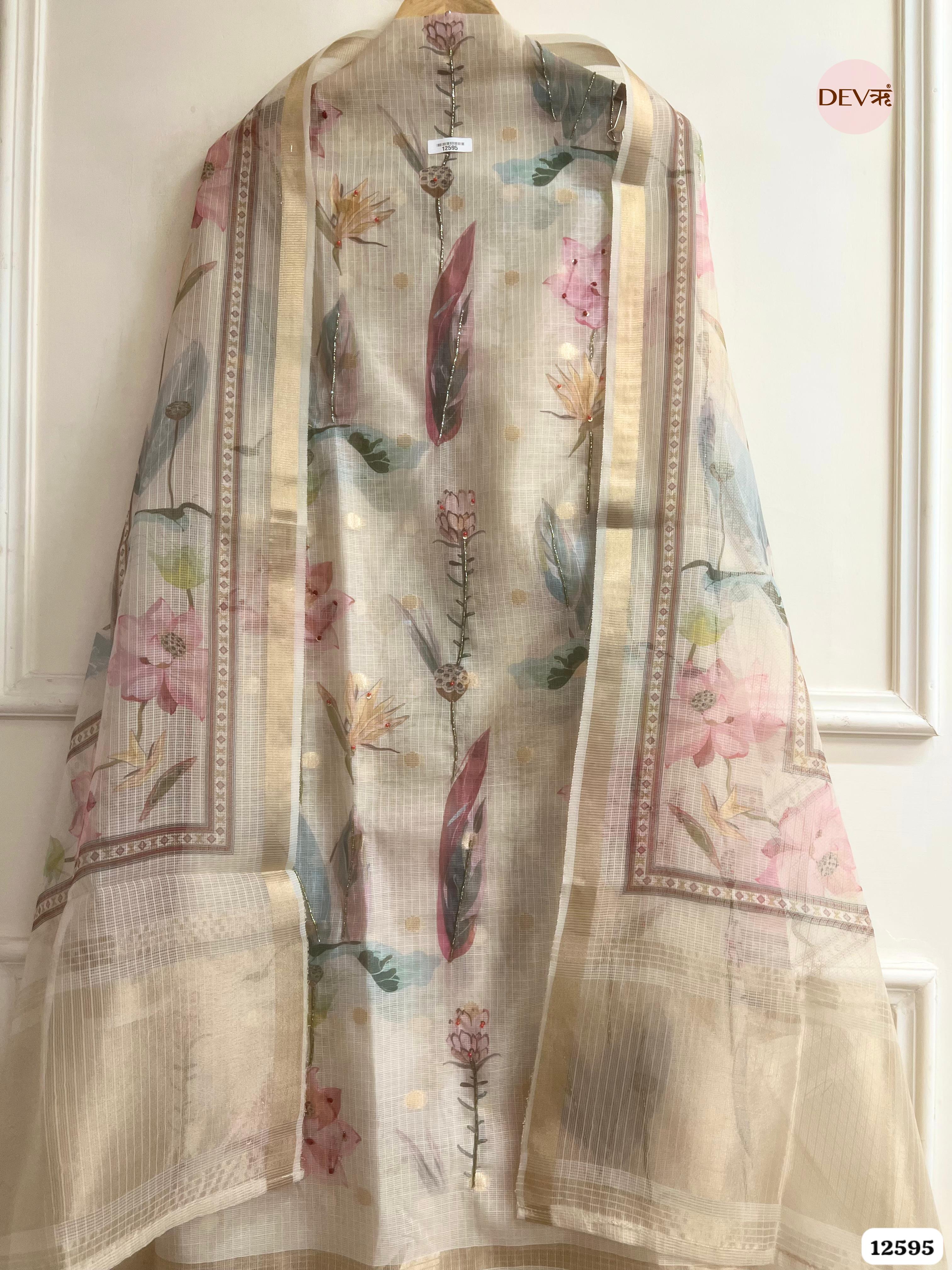 Beige kota Cotton Floral Unstitched 3-Piece Suit (Devri – D.No 12595)