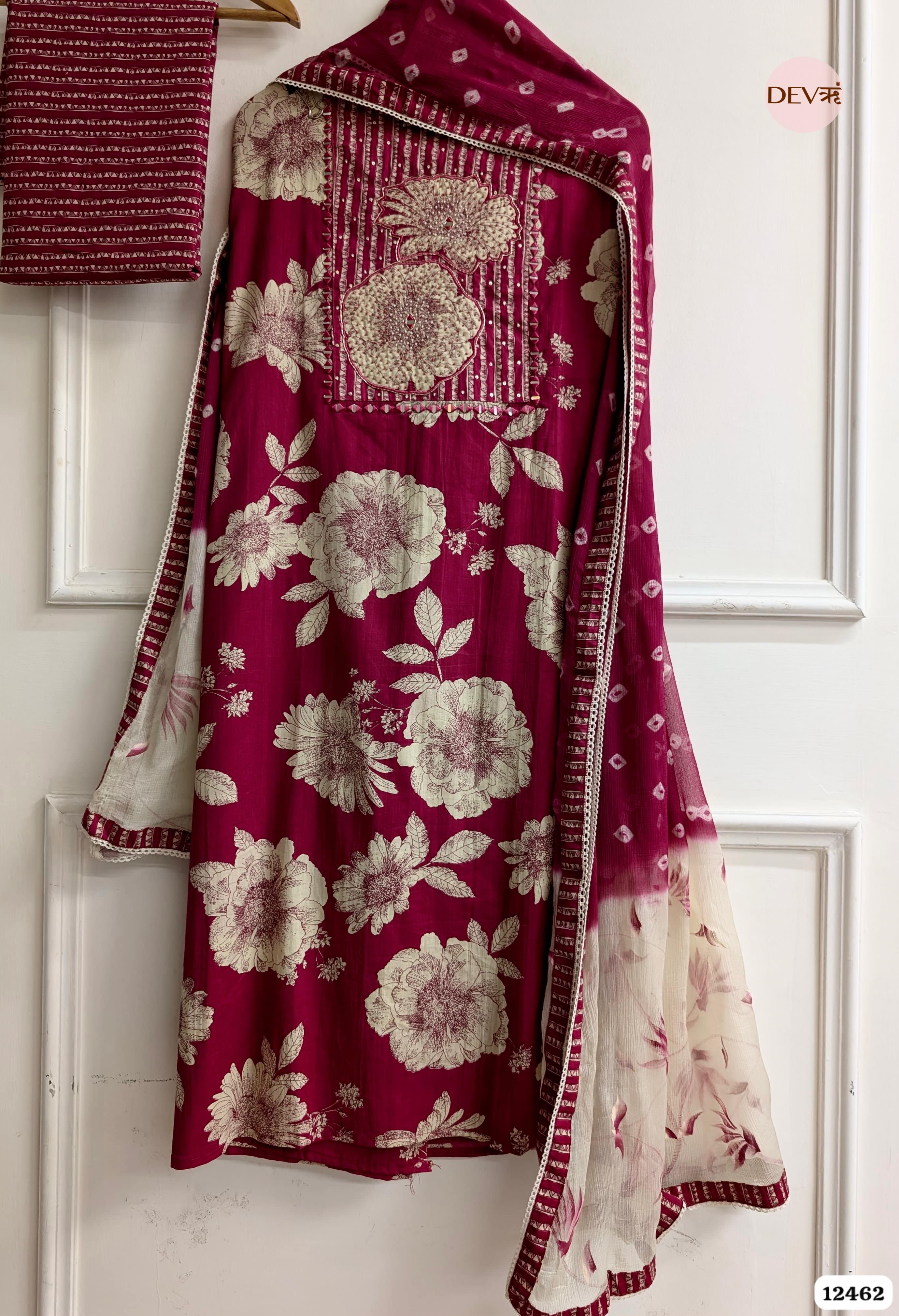 Deep Pink Cotton Printed Unstitched 3-Piece Suit (Devri – D.No. 12462)