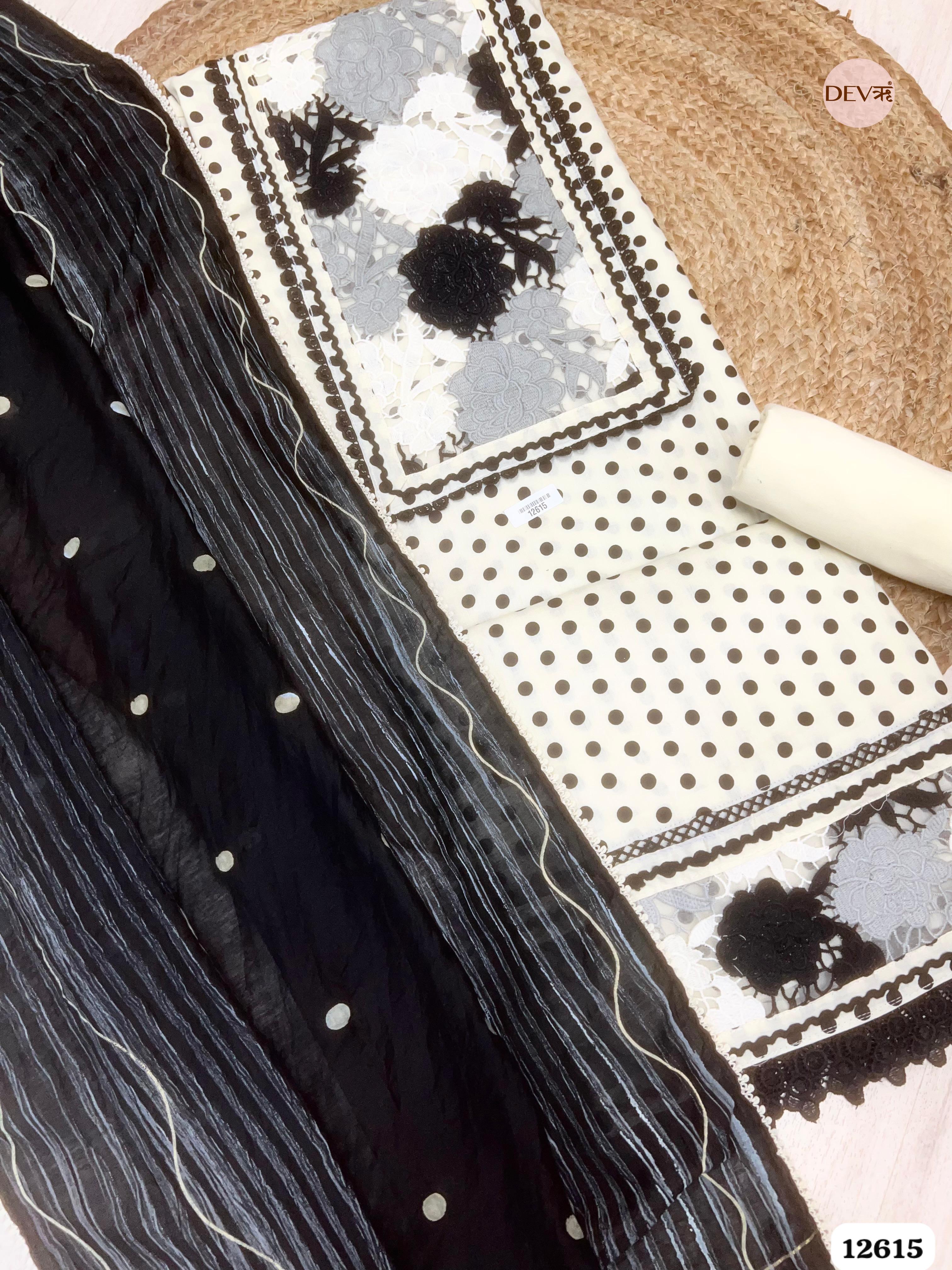Black and White Cotton Polka Dot Unstitched 3-Piece Suit (Devri – D.No 12615)