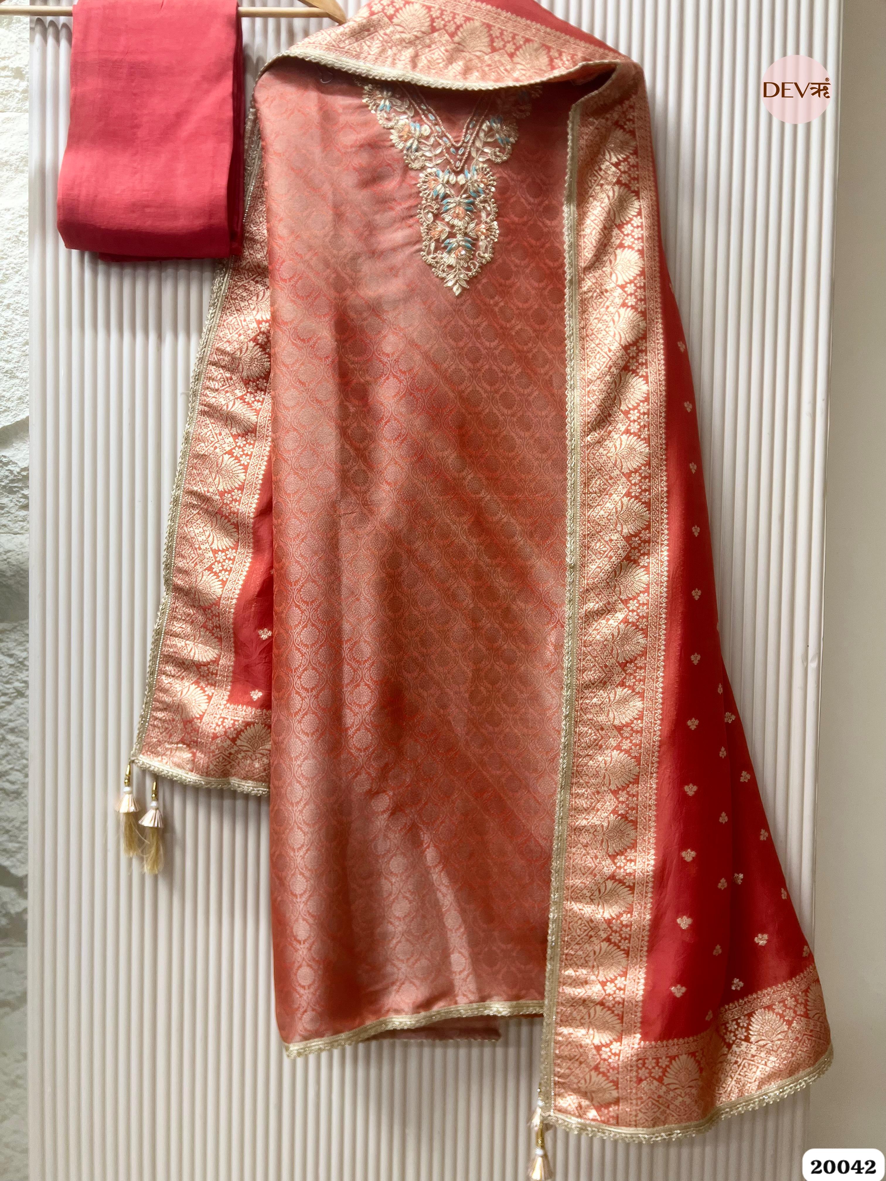 Coral Rose Banarasi Tissue Embroidered Unstitched 3-Piece Suit (Devri – D.No. 20042 )