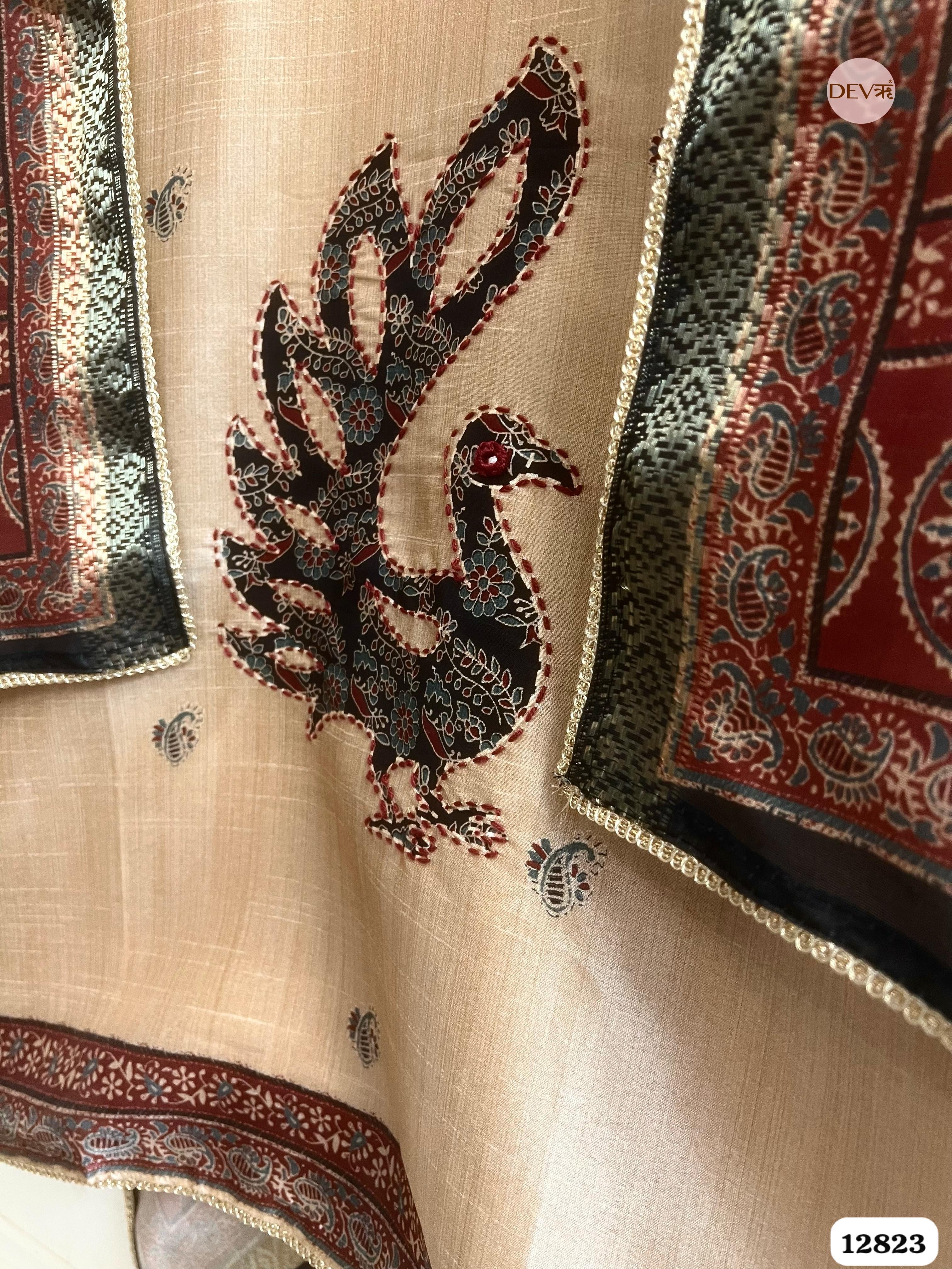 Beige Chanderi Silk Printed Unstitched 3-Piece Suit (Devri – D.No 12823)