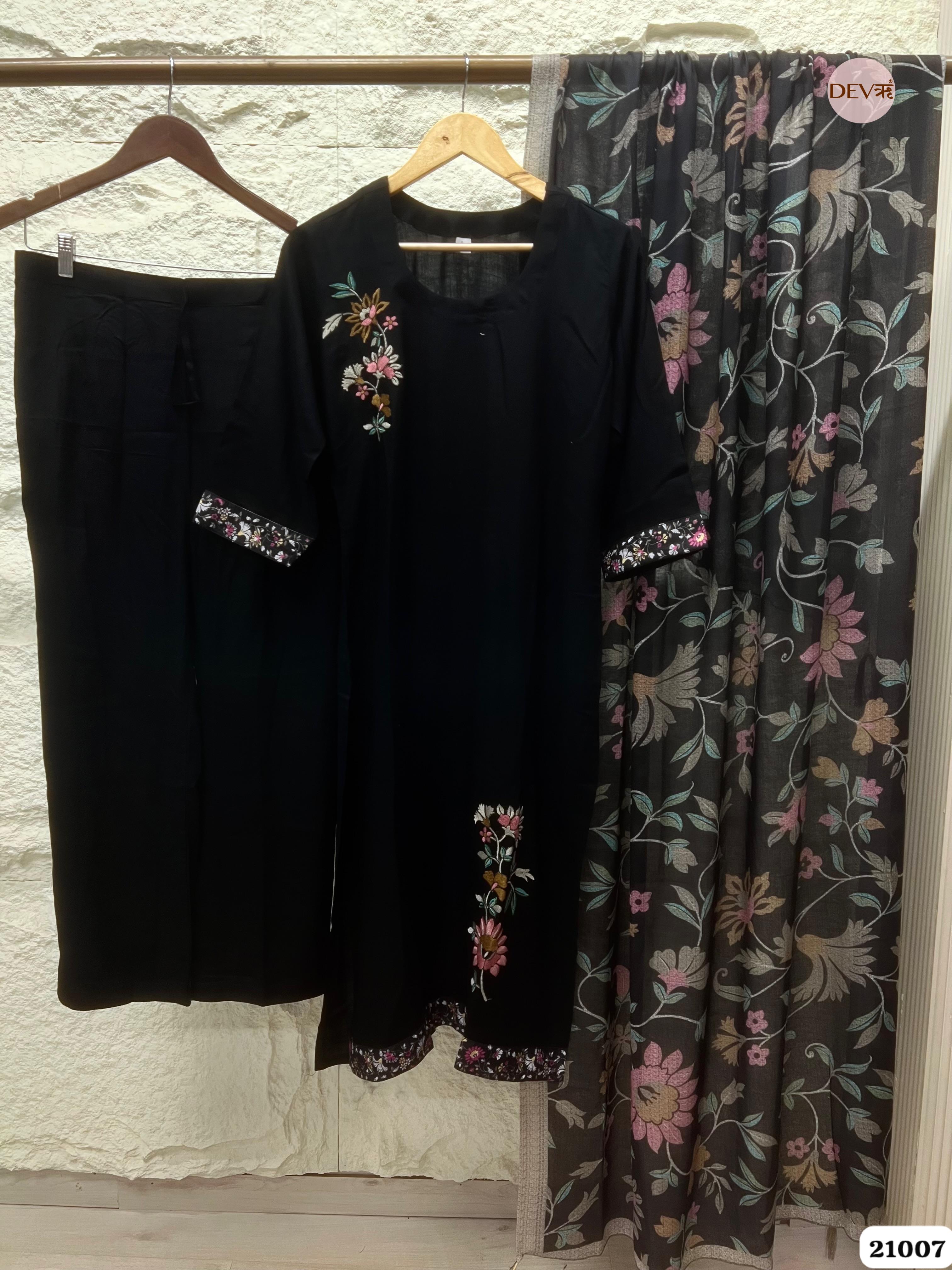 Kavyanjali Cotton Embroidered Black 3-Piece Set (Devri – D.No 21007)