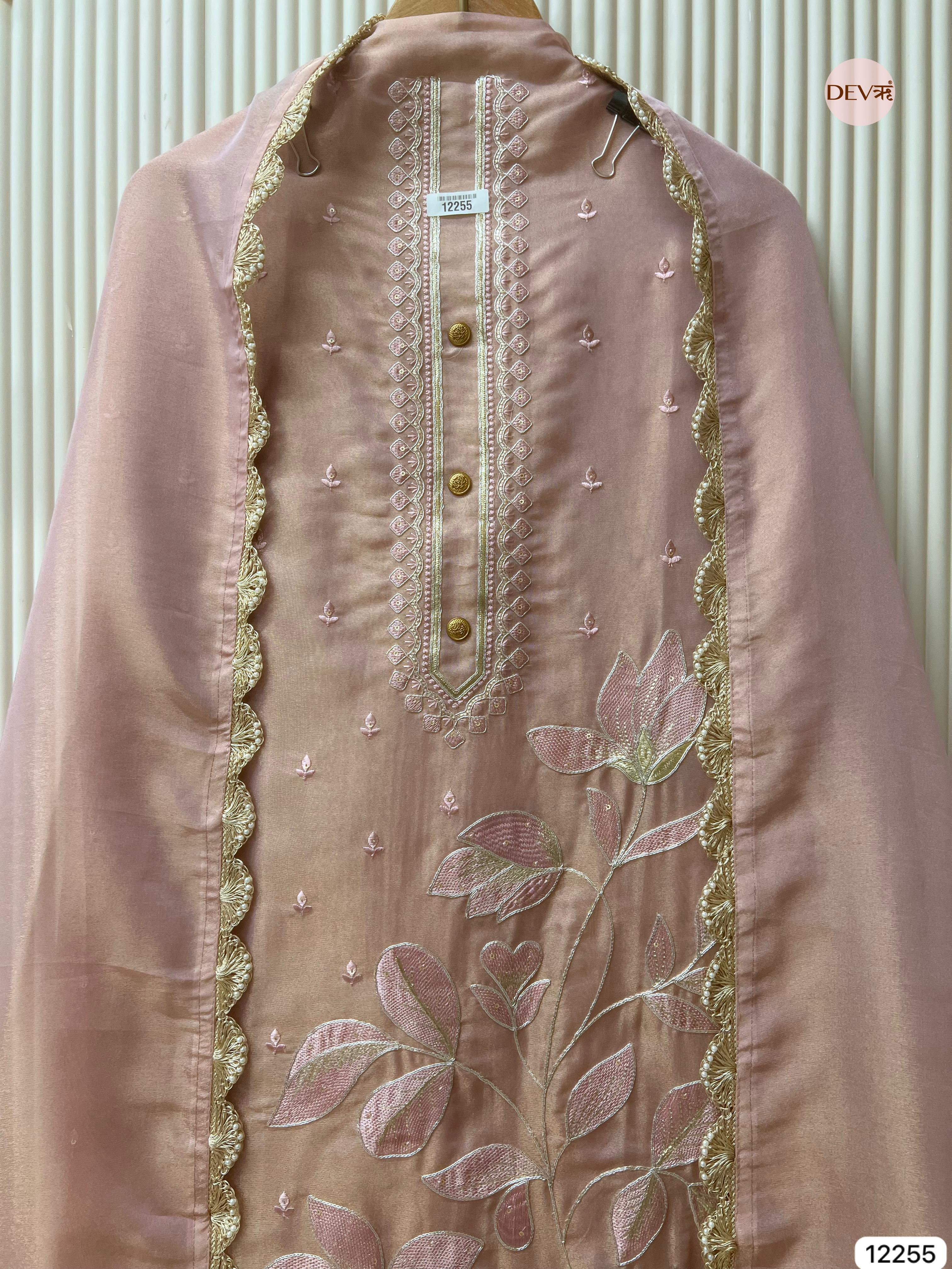 Rose Gold Shimmer Silk Embroidered Unstitched 3-Piece Suit (Devri – D.No 12255)