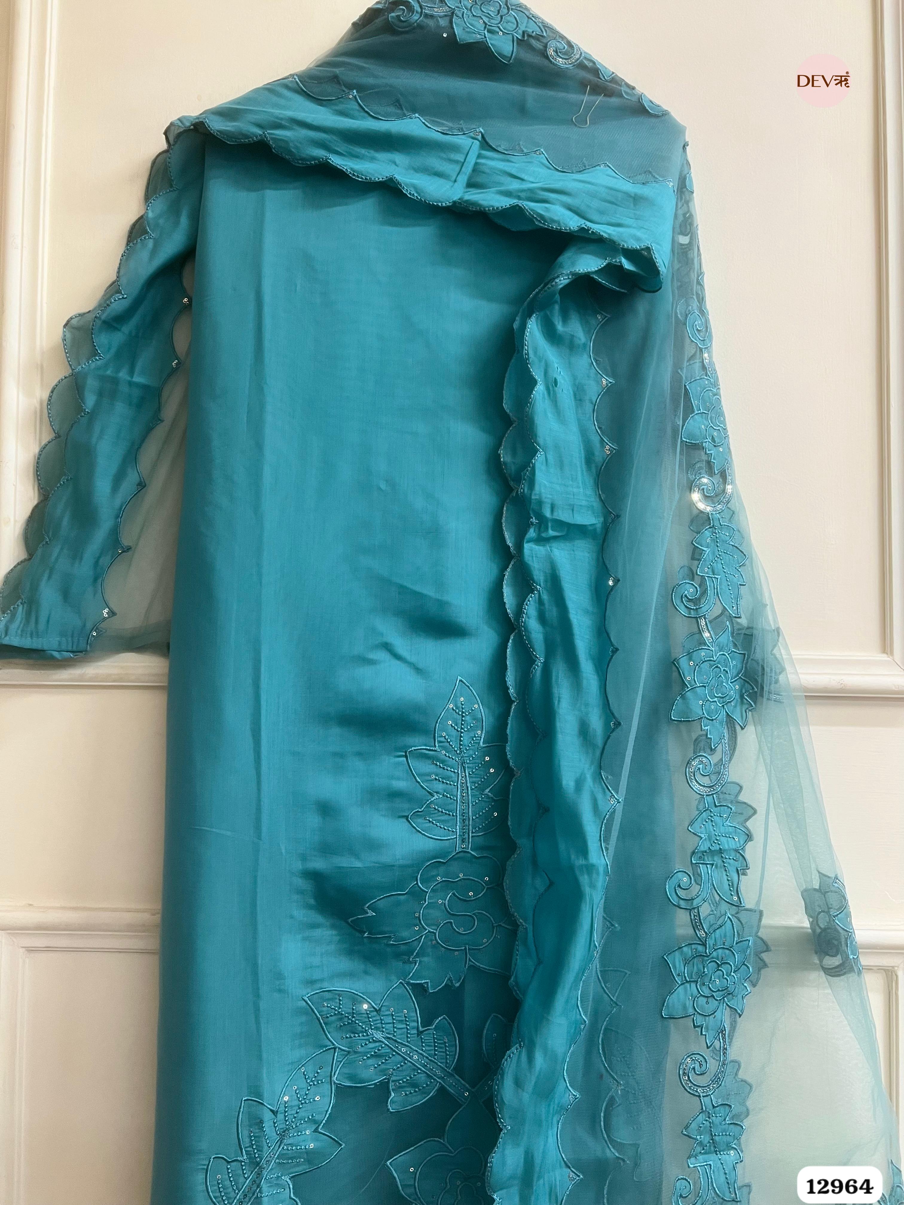 Teal Roman Silk Embroidered Unstitched 3-Piece Suit (Devri – D.No 12964)